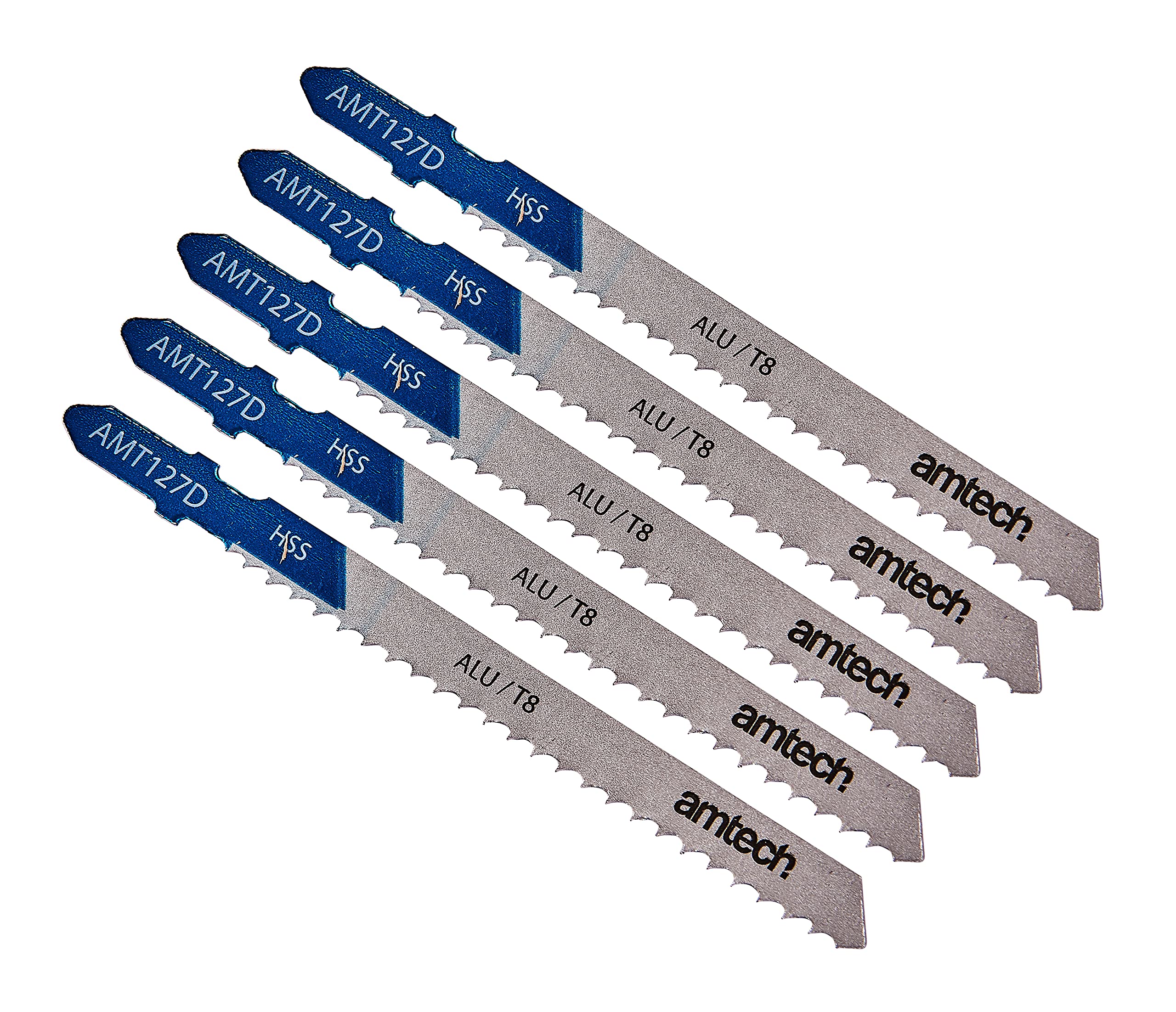 Amtech 5pc Aluminium Jigsaw Blade Set (AMT127D), HSS T-Shank 100mm Blades with 8 TPI for Smooth Cuts in Aluminium Sheets 3 15mm, Pipes and Profiles up to 30mm.