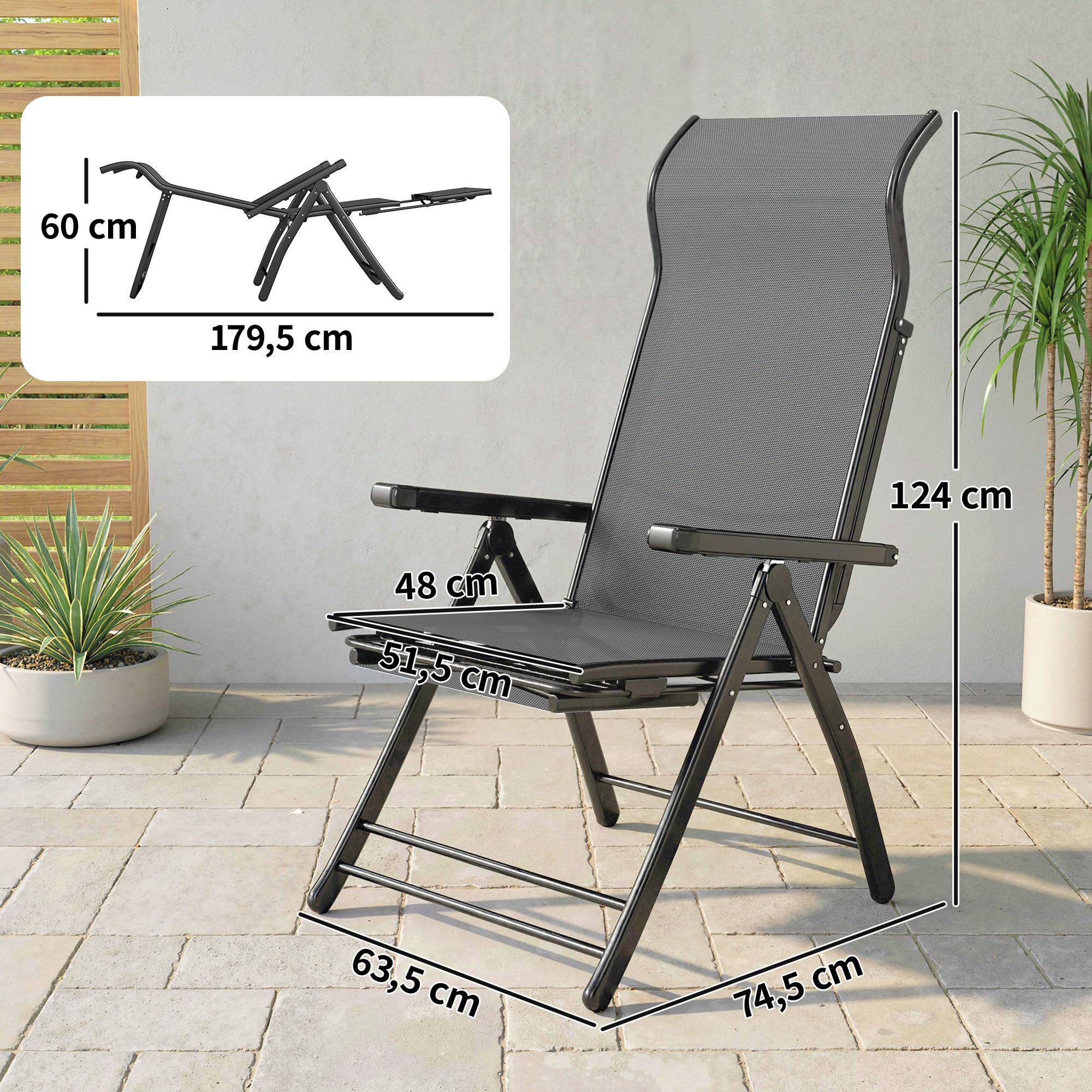 Outsunny Pack de 2 Sillas Plegables Reclinables, Sillas de Jardín Exterior con Respaldo Alto Curva Ajustable en 5 Posiciones, Reposapiés Retráctil y Marco de Metal, para Patio, Playa, Gris Oscuro