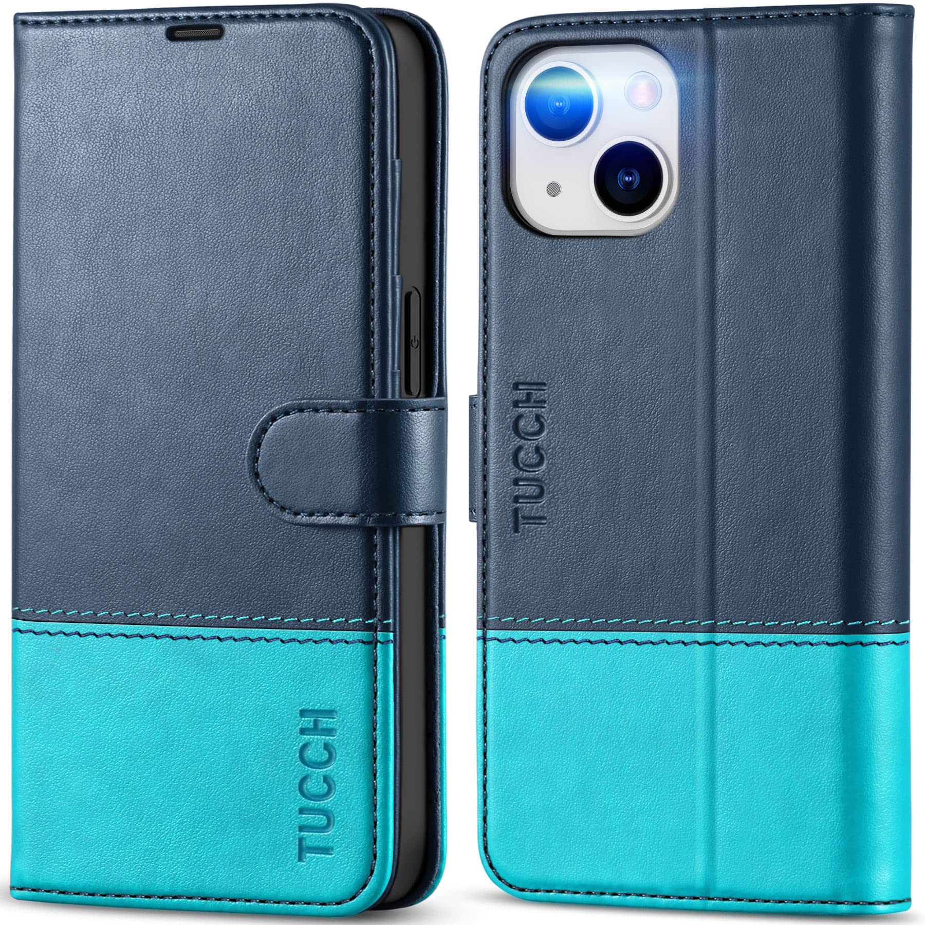 Etui pour iPhone 14 TUCCH en cuir bleu avec blocage RFID - 8