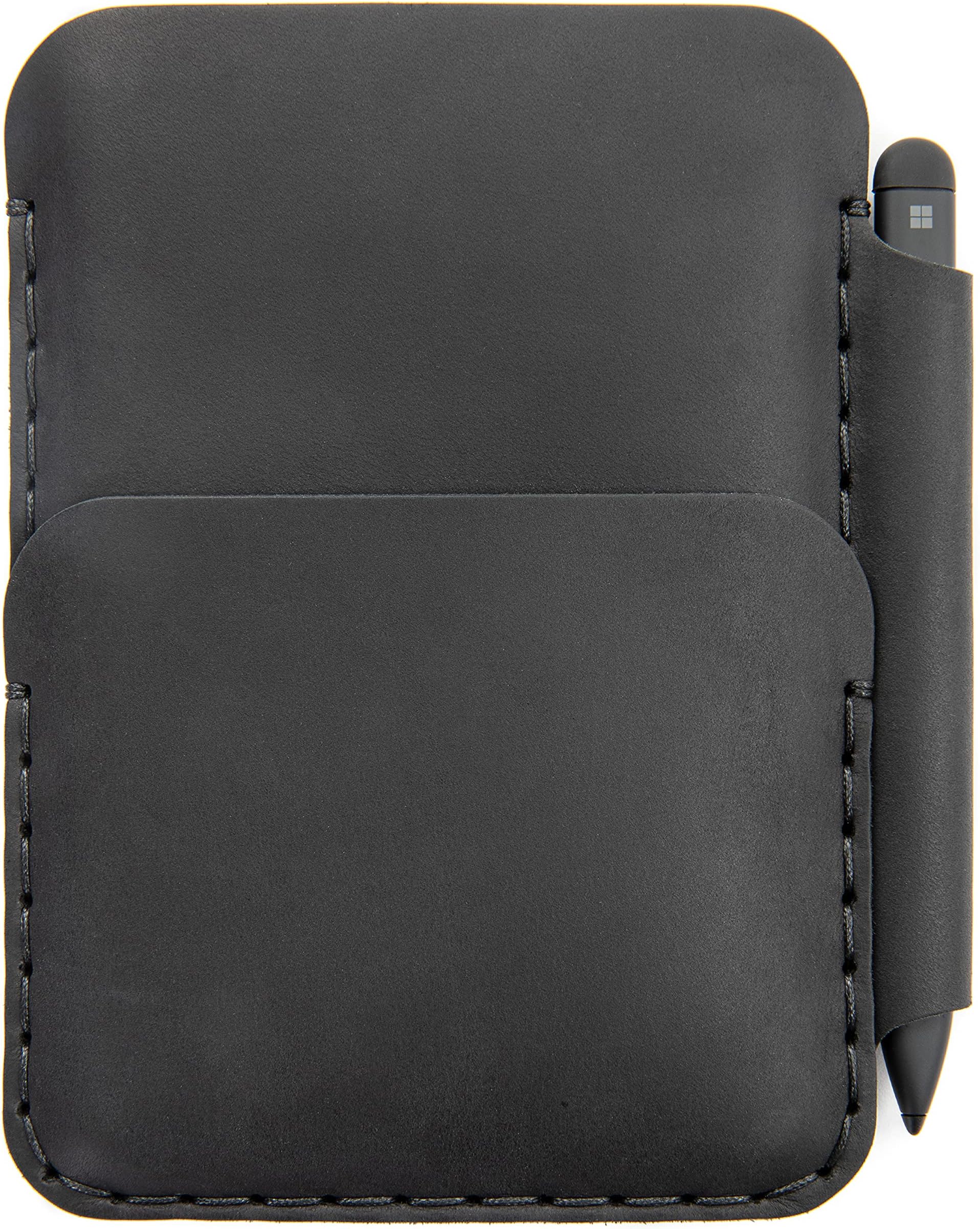 Black Leather case for Microsoft Surface Duo 2 with original BUMPER. PEN holder, personalised wallet pouch.