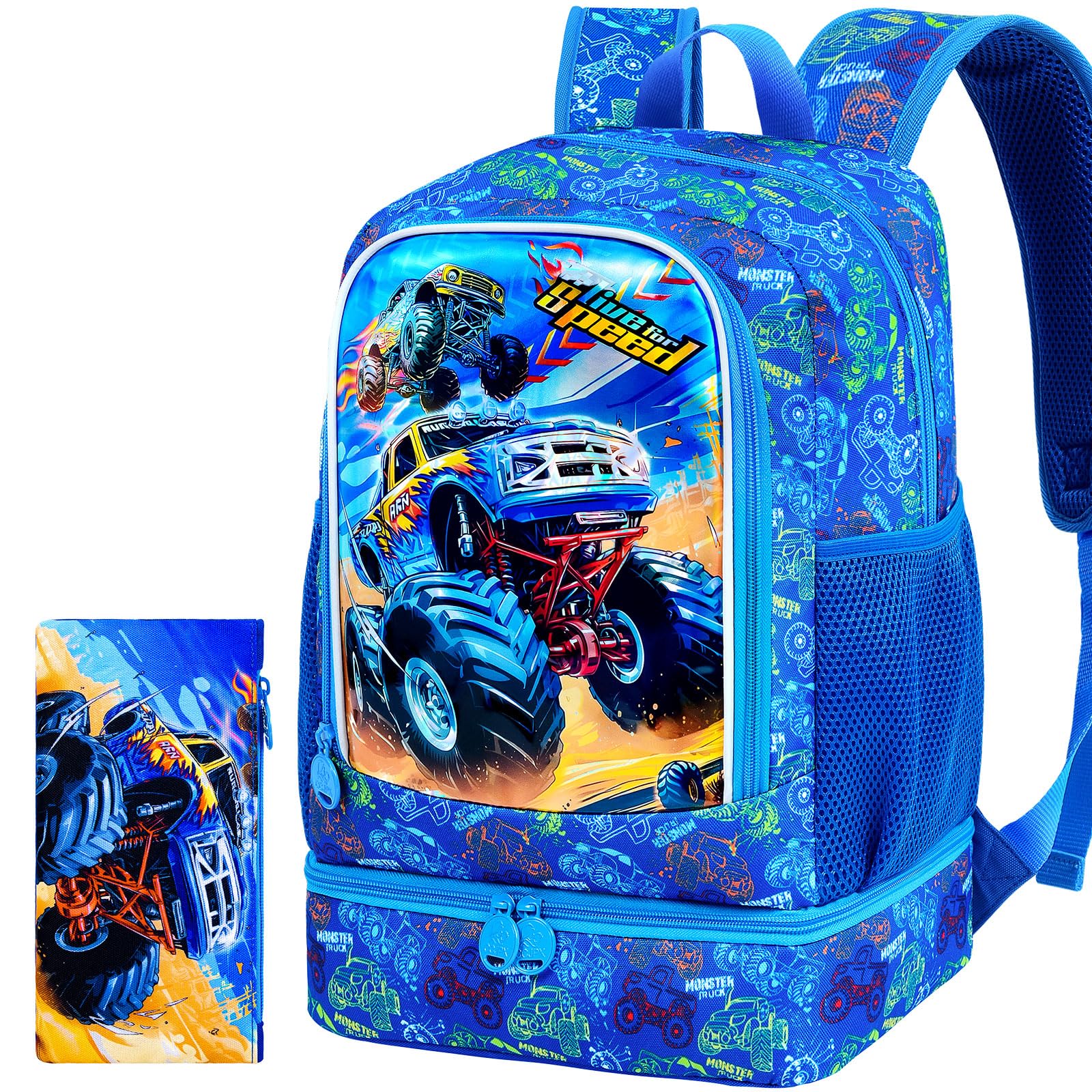 KLFVB 3PCS Cat Uni Dinosaur Backpack for Girls and Boys, 16" Kids Bookbag and Lunch Box, Preschool Backpacks for Elementary