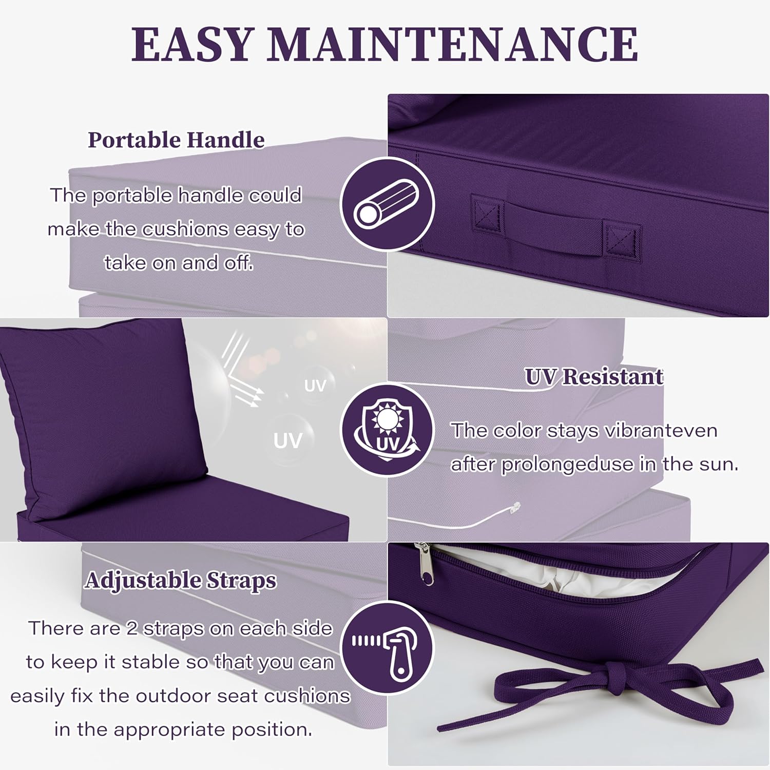 Outdoor Seat Cushion Set 24 L × 24 W × 5 H Inch Waterproof & Fade Resistant Patio Furniture Cushions with Removable Cover with Handle and Straps for Sofa Chairs, Chairs, Purple