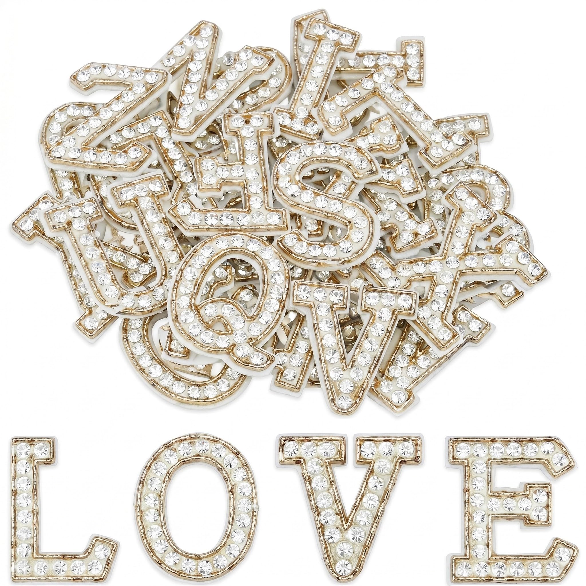 OZGUGU 52Pcs A-Z Pearl Rhinestone Alphabet Patches, Self-Adhesive Stick On Letter Appliques for Clothes, Backpack and Fabric Decoration