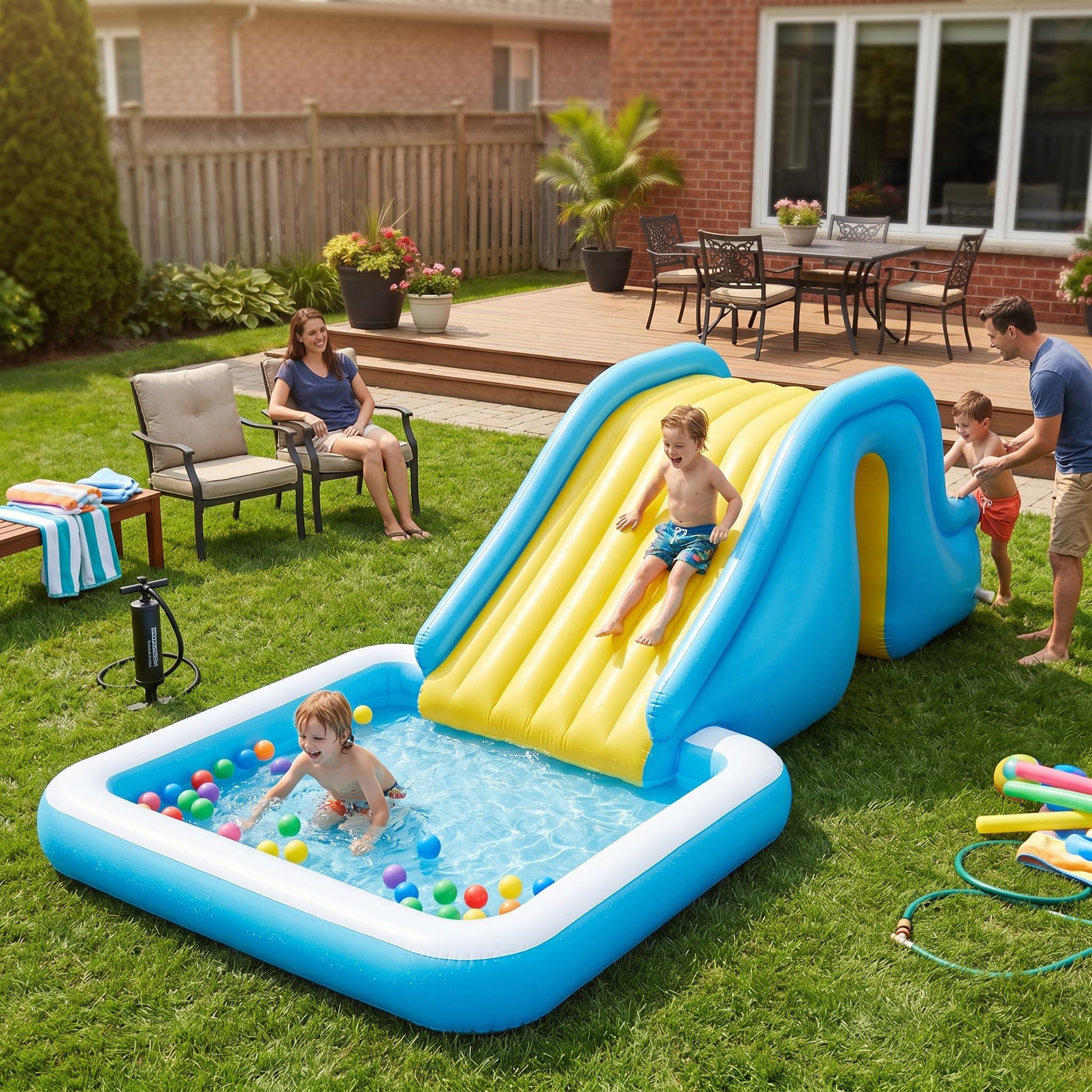 Toboggan Gonflable, Toboggan de Piscine, Marche de de Pataugeoire pour Piscine, Centre de Jeu Gonflable, Accessoires de pour Garçons et Filles, Jeu d'été pour Extérieur et Intérieur (Bleu)