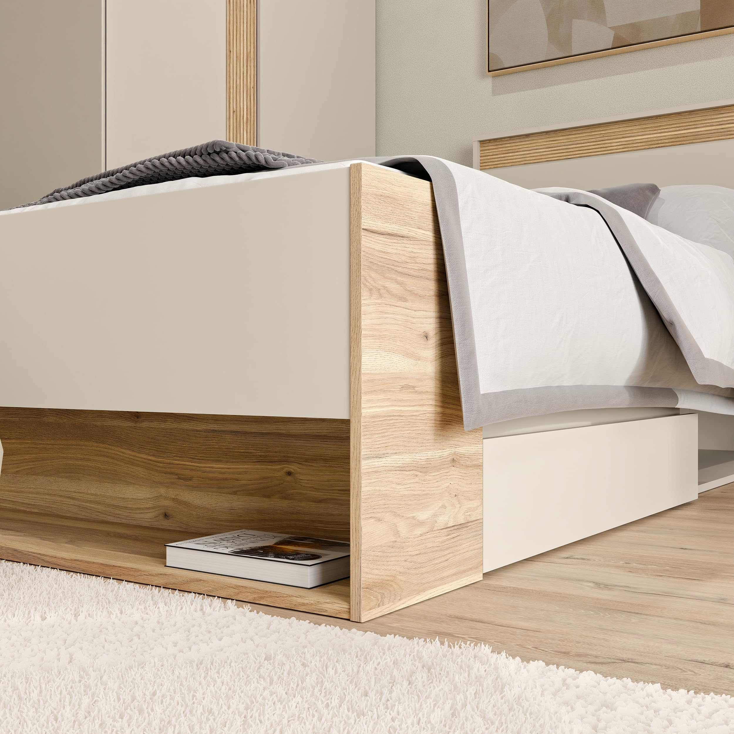 Forte WEXLIN Bettgestell, Liegefläche 120 x 200 cm, modernes Bett mit Schublade und Regal, Kinder- und Jugendzimmer,Kaschmir|Beige|Mauvella Eiche Holzdekor, 130 cm breit x 96,3 cm hoch x 210,8 cm tief
