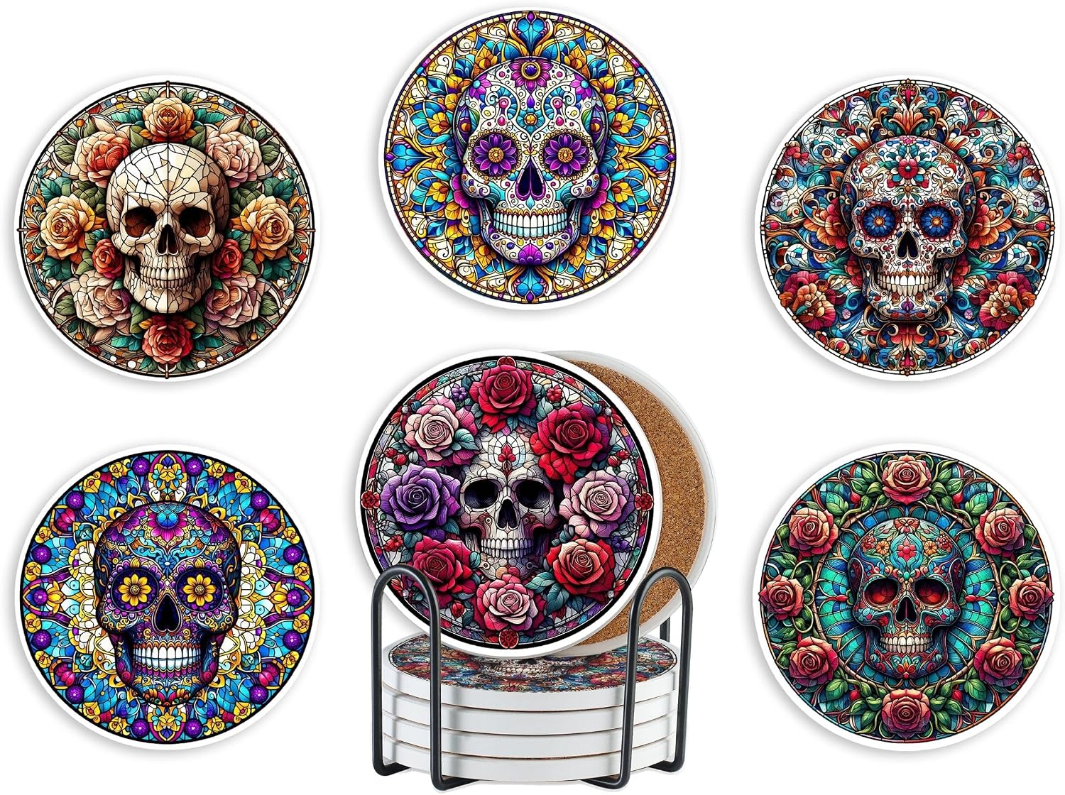 Onebttl Skull Coaster for Mexicans, The Day of Dead Gifts, Home Decor for Mexicans, Ceramic, Set of 6, Rose