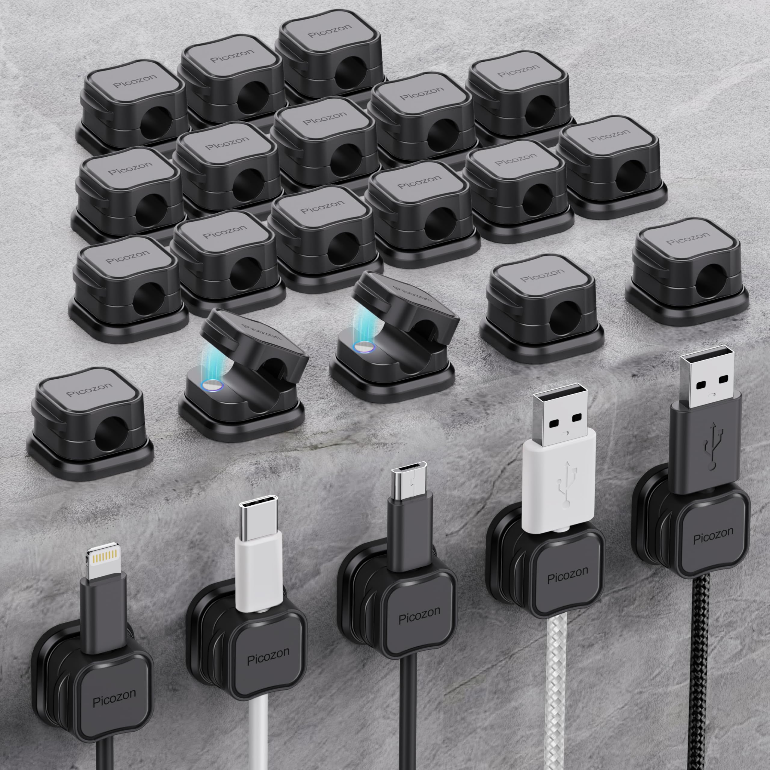 Picozon - Organizador de cables magnético (24 unidades), adhesivo, para teléfono, cargador USB, oficina, hogar, escritorio, mesa, color negro
