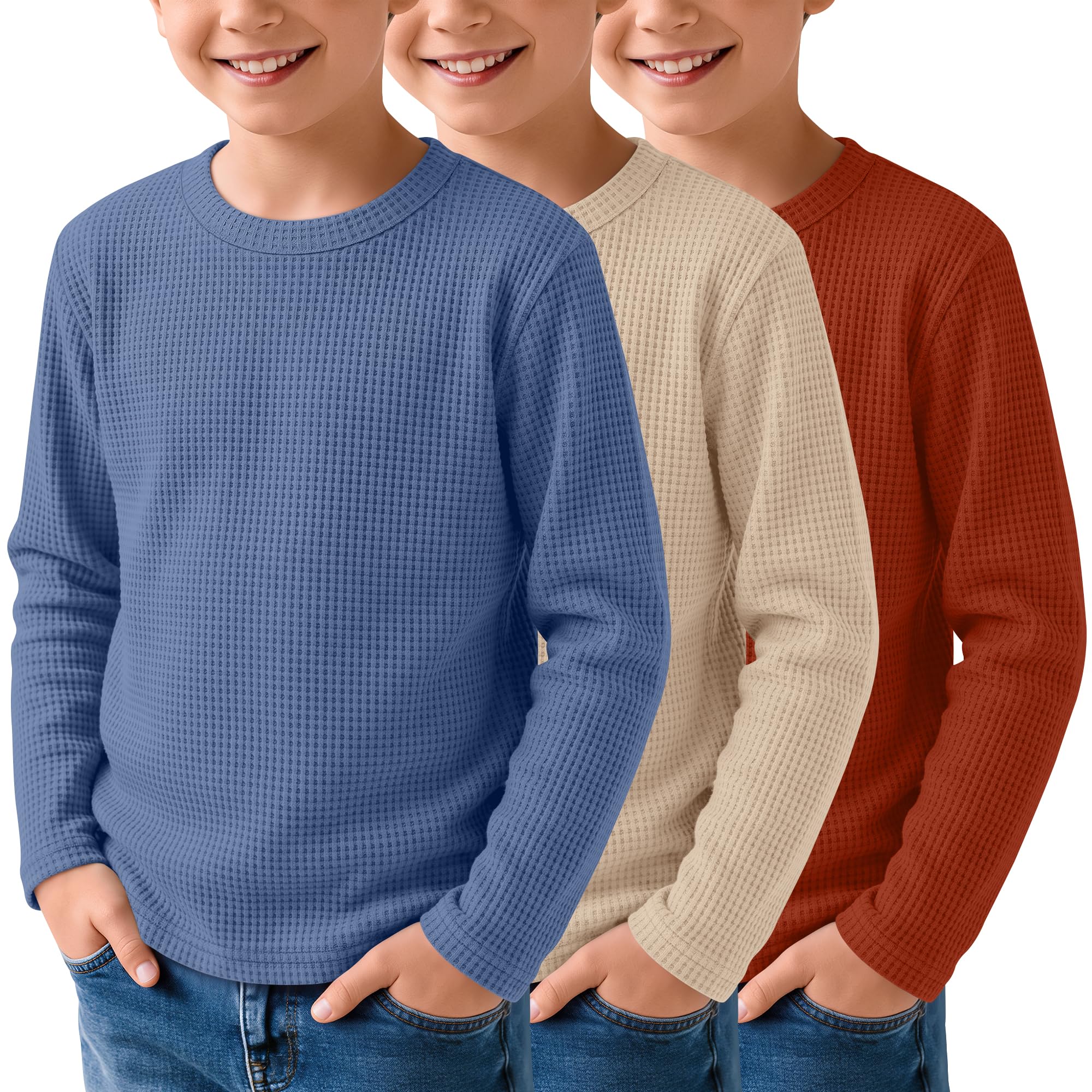 3 Pack Boys Waffle Shirts Kid Long Sleeve Warm Tops