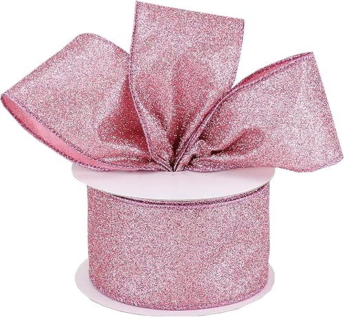 Miniatura 2 de MAYREEL Cinta rosa con alambre de 2.5 pulgadas, con purpurina, decoración de Navidad rosa, para suministros de corona, cinta de árbol de Navidad,