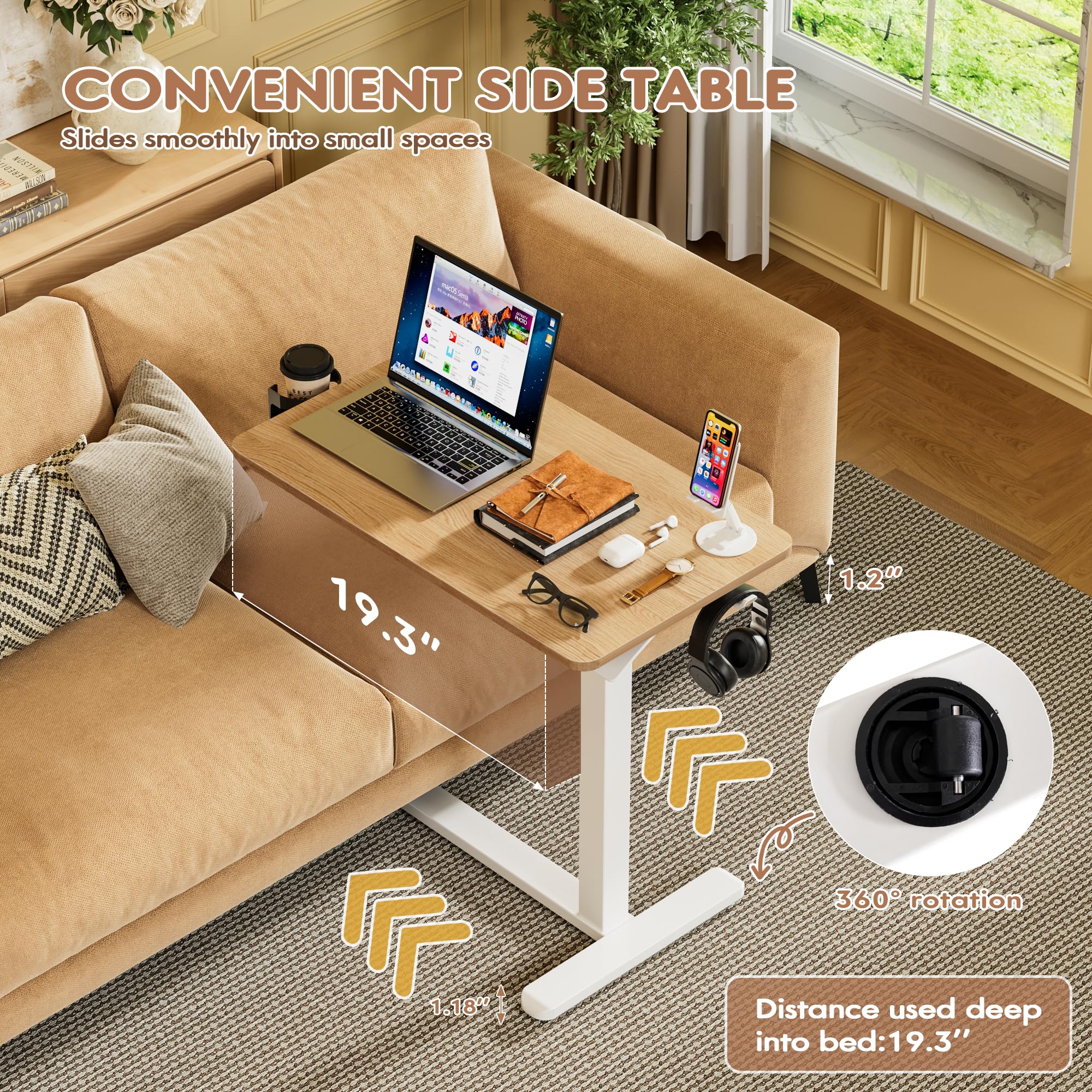 Furmax Mobile Standing Desk with Wheels Pneumatic Adjustable Rolling Computer Desk Laptop Table for Bed Couch Maple Small — view 4