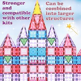Little Pi 104pcs Frozen Princess Castle Magnetic Tiles Building Blocks - 3D Diamond Blocks, STEM Educational Toddler Toys for Pretend Play, 4 Year Old Girl Birthday Gifts Kids Ages 3 5 6 7 8 - Pink