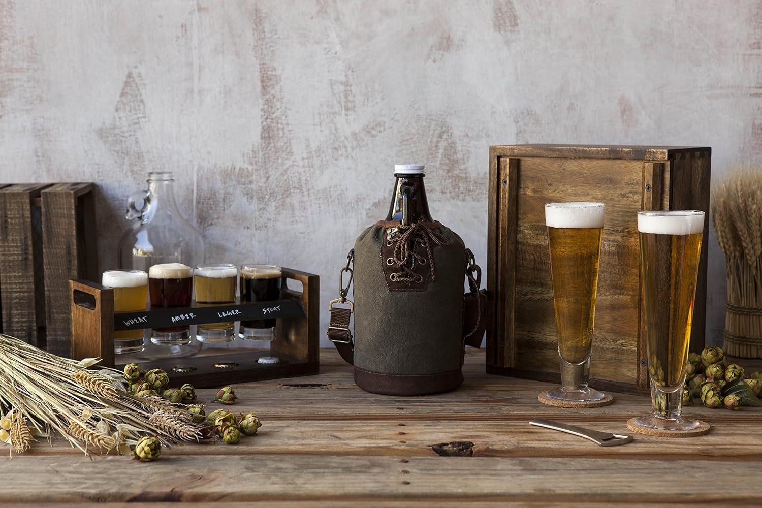 LEGACY - a Picnic Time brand Insulated Glass Growler Tote, Beer Gifts for Men, Waxed Canvas Tote Water Bottle Carrier Khaki Green with Brown Accents & Glass Growler
