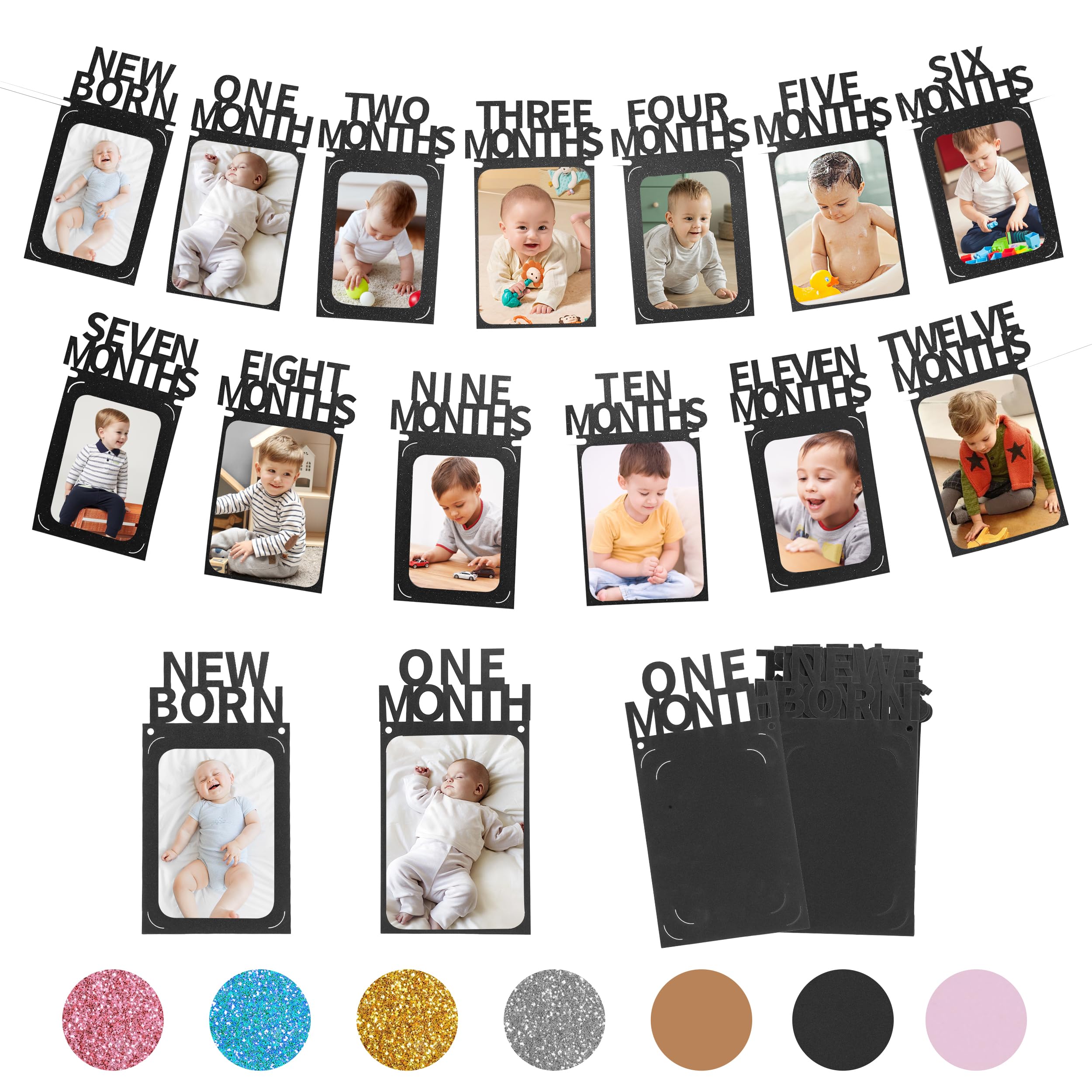Crosize 1st Birthday Photo Banner Decorations for Baby from Newborn to 12 Months, Boy or Girl Monthly Milestones Garland, One Year Old First Birthday Photo Banner Decorations with Frame (Black)