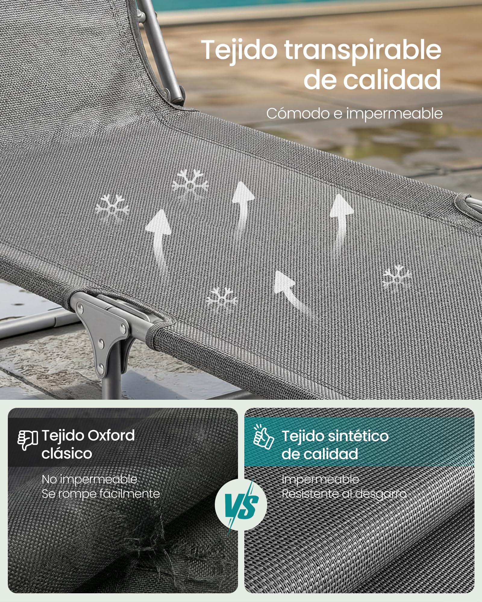 SONGMICS Tumbonas Plegables, 189 x 53 x 28,5 cm, Juego de 2 Tumbonas para Jardín, con Cojines, Cada Una con Carga 110 kg, con Parasol y Respaldo Ajustables, para Terraza y Balcón, Gris GCB292GZ02