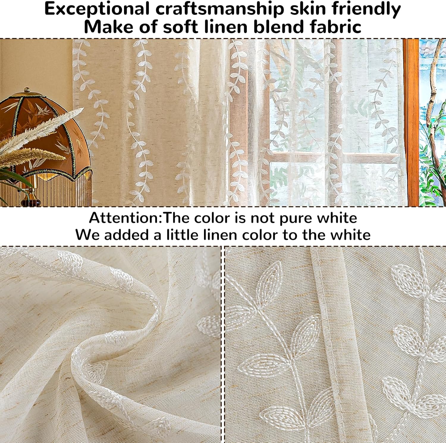 AmHoo 2 Panels Linen Leaf String Floral Embroidered Semi Sheer Curtain Farmhouse Voile Curtains for Living Room Bedroom Window Treatment White 52 x 84 Inch