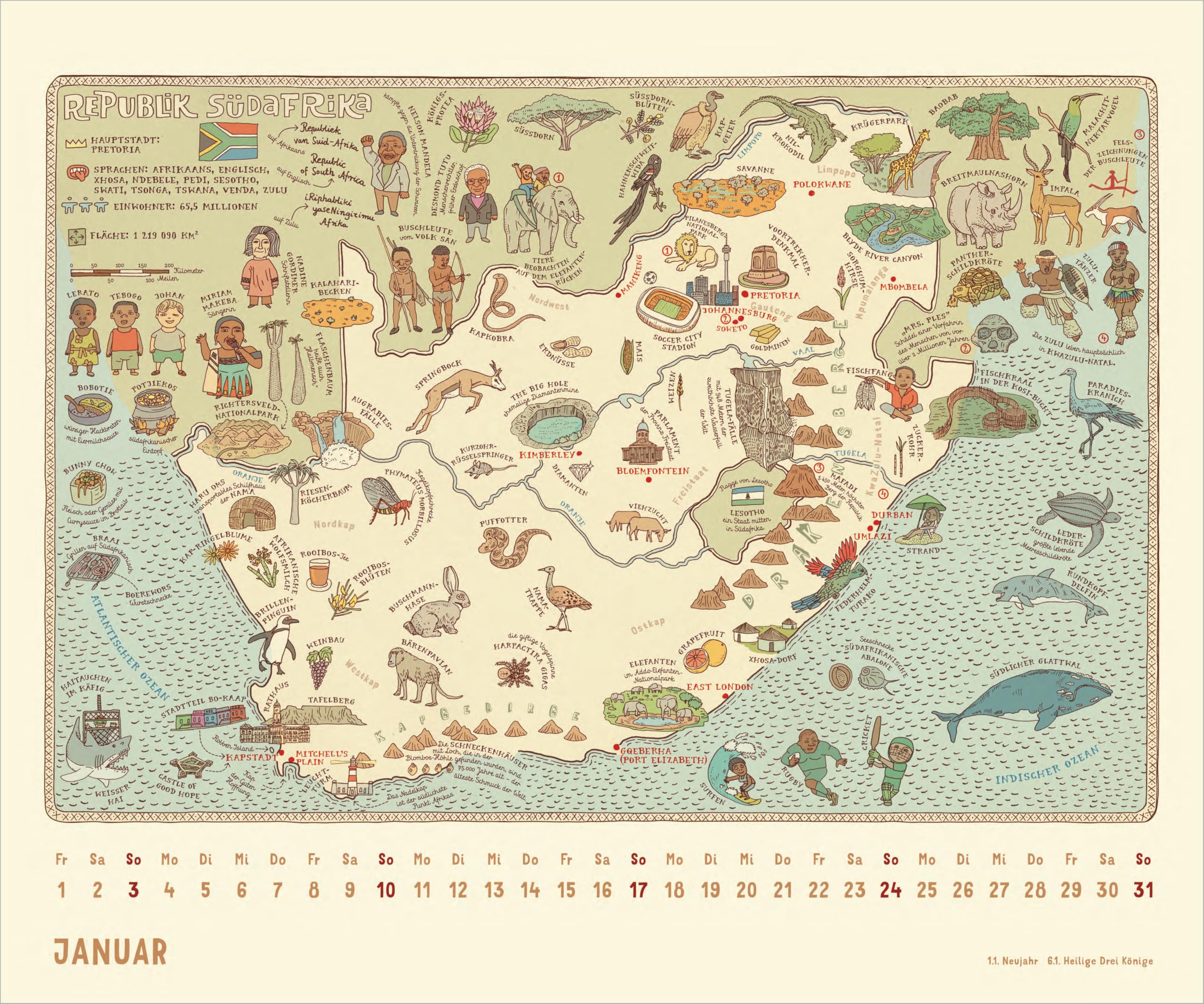 Alle Welt 2027: Wandkalender 60x50 cm mit illustrierten Weltkarten und deutschem Kalendarium
