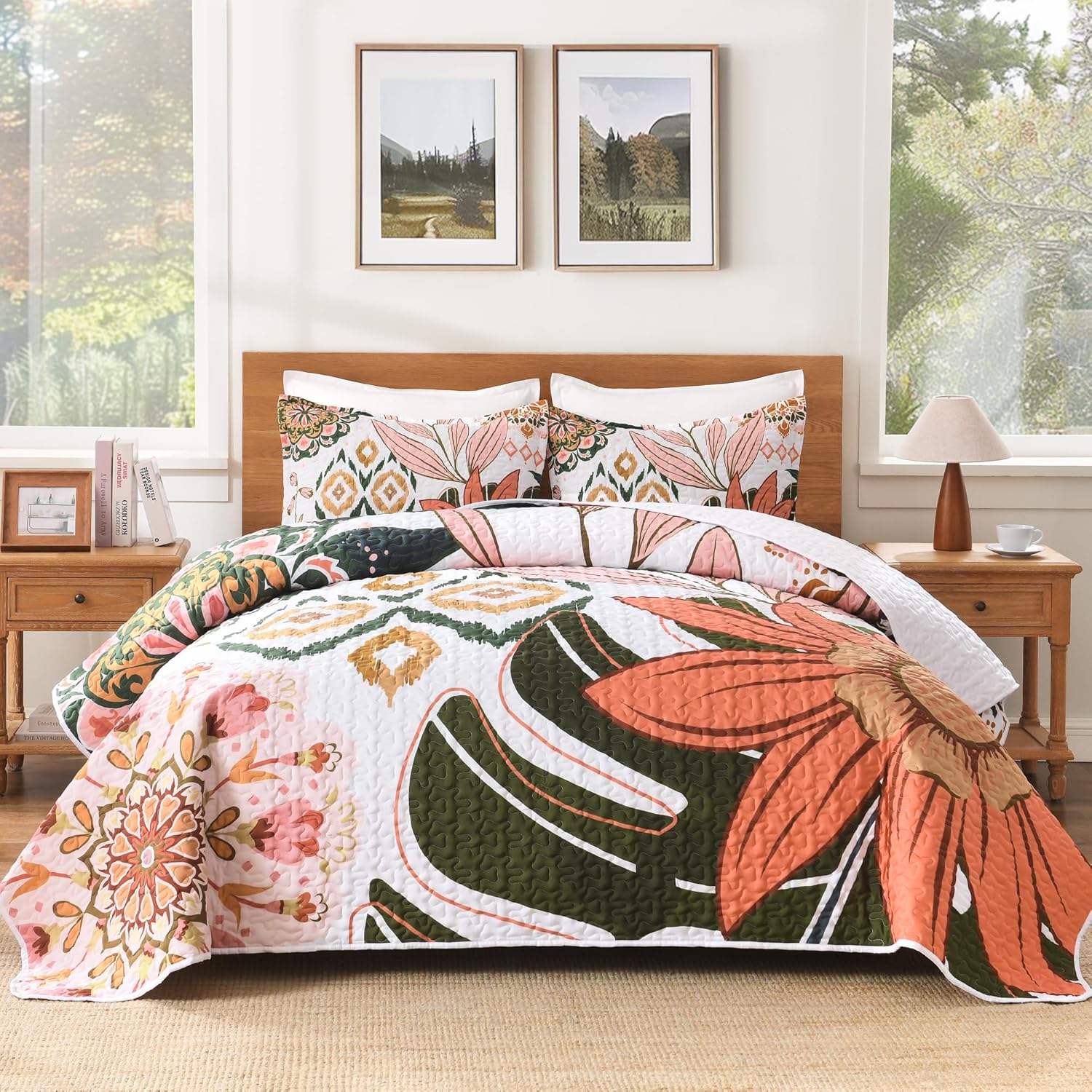 Andency Floral Boho Quilt King Size Bedding Set Pink, 3 Pieces Farmhouse Flower Botanical Summer Bedspreads with 2 Shams, Soft Reversible Lightweight Microfiber Coverlet Set for All Season, 106"x96" - Image 2
