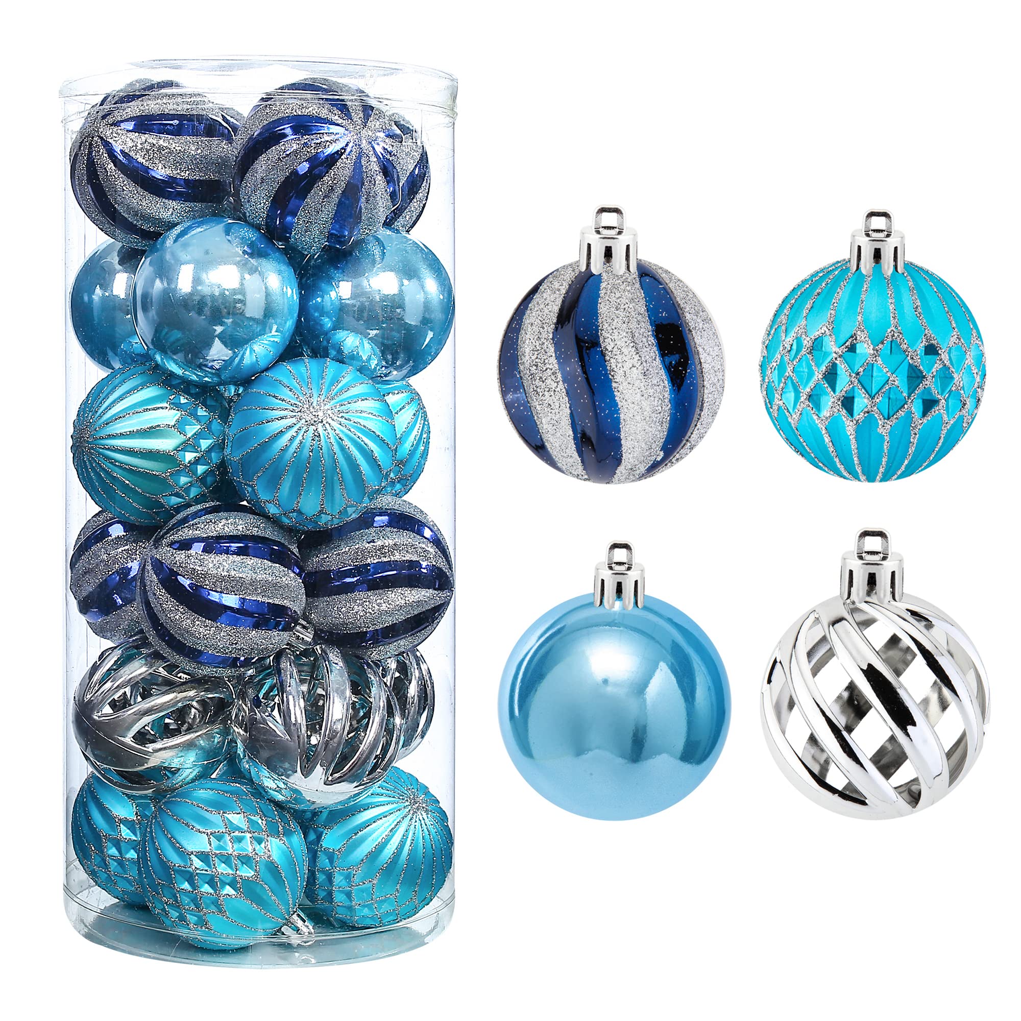 QinYing 24pcs 2.36'' Christmas Balls Ornaments Shatterproof Colorful Glittering Baubles Set Xmas Tree Pendants Holiday Party Balls Decoration(Dark/Light Blue & Silver 6cm)