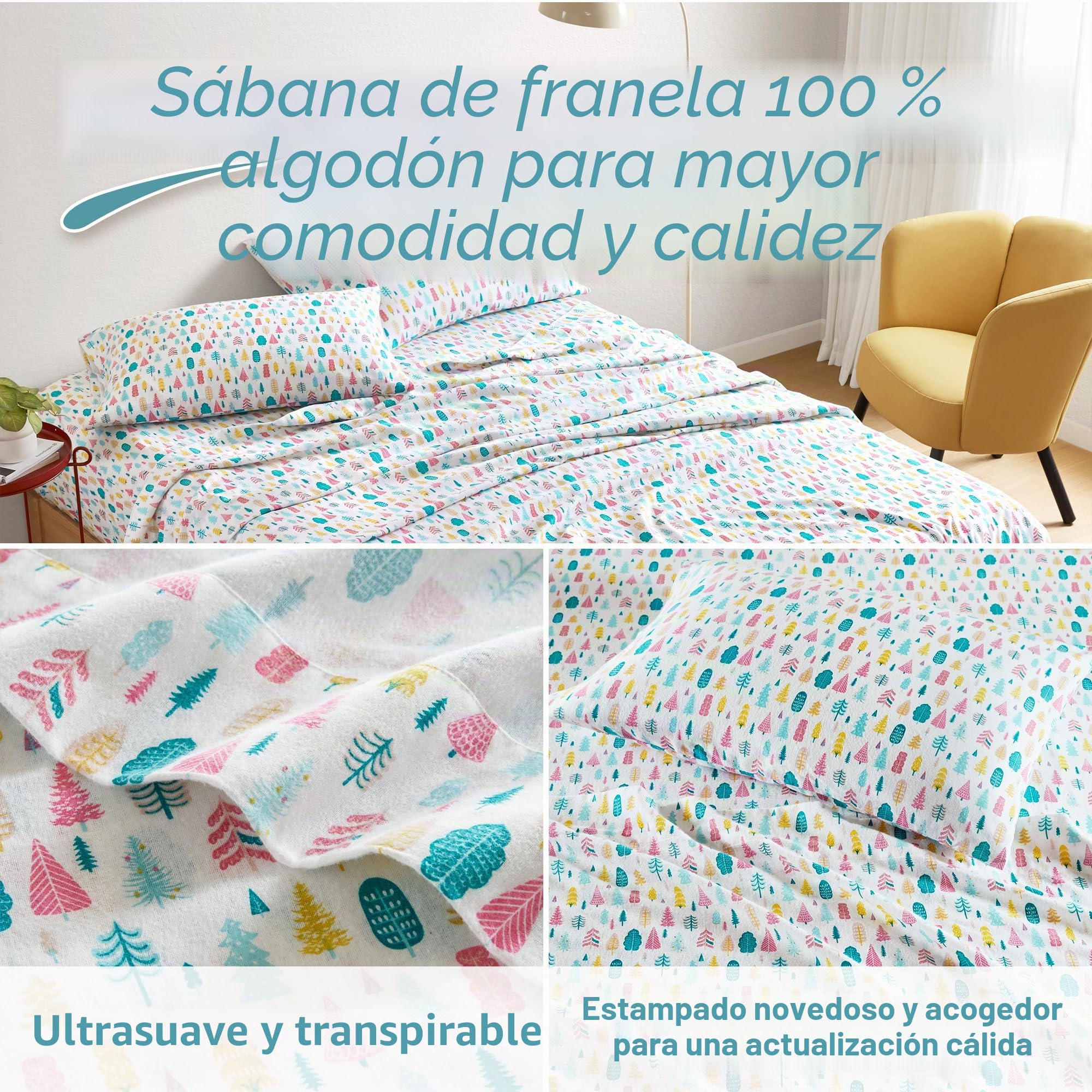 Intelligent Design - Juego de sábanas en cálida Franela de algodón, Transpirable, Bonito Estampado navideño, Bajera Especial para colchones de hasta 40,5 cm, para Cama de Matrimonio «Queen», árboles