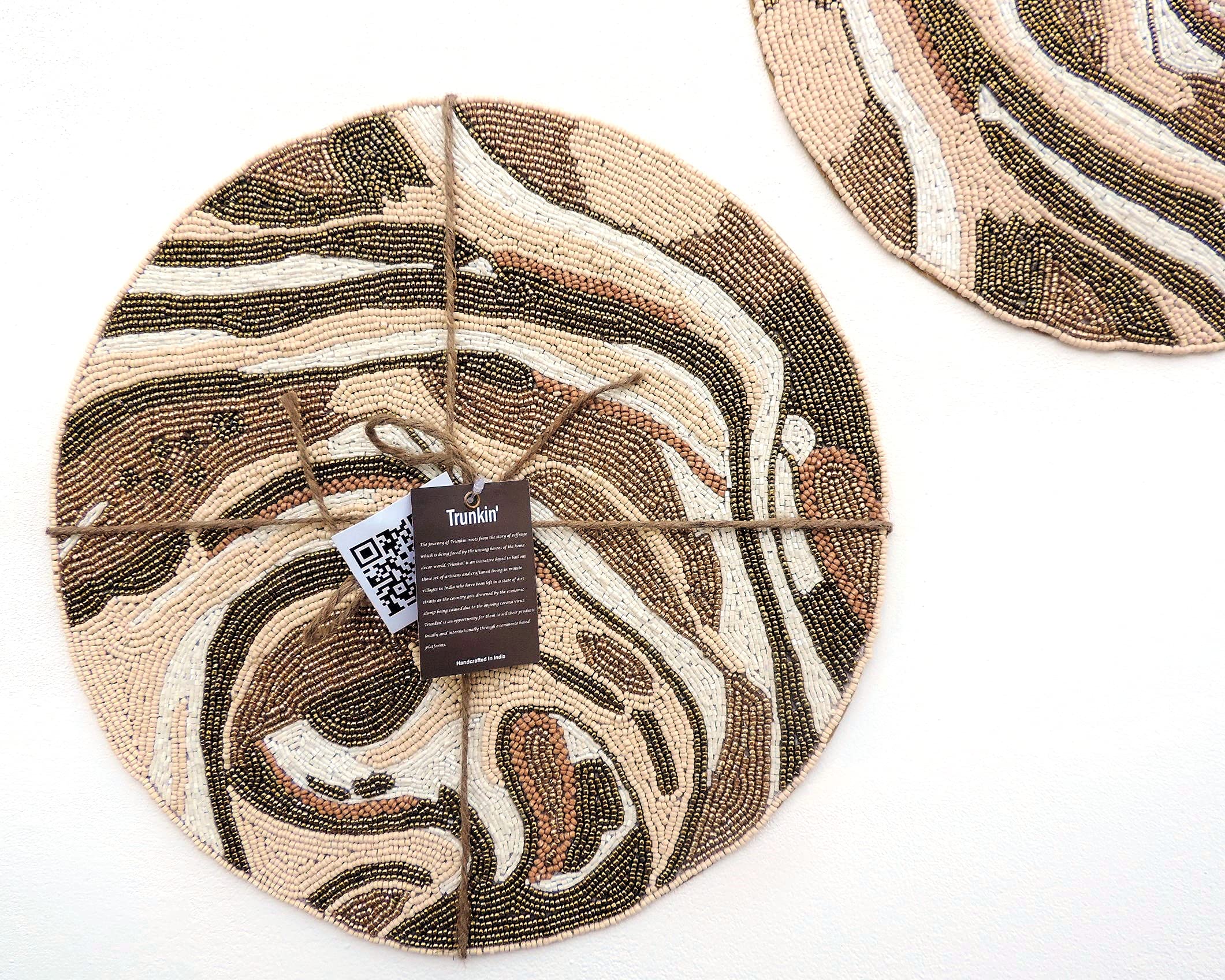 Trunkin 2-Piece Black Natural 14-Inch Fabric/Glass Beaded Embroidered Placemats | Dinner Table Mats | Dining Set | Table Decor