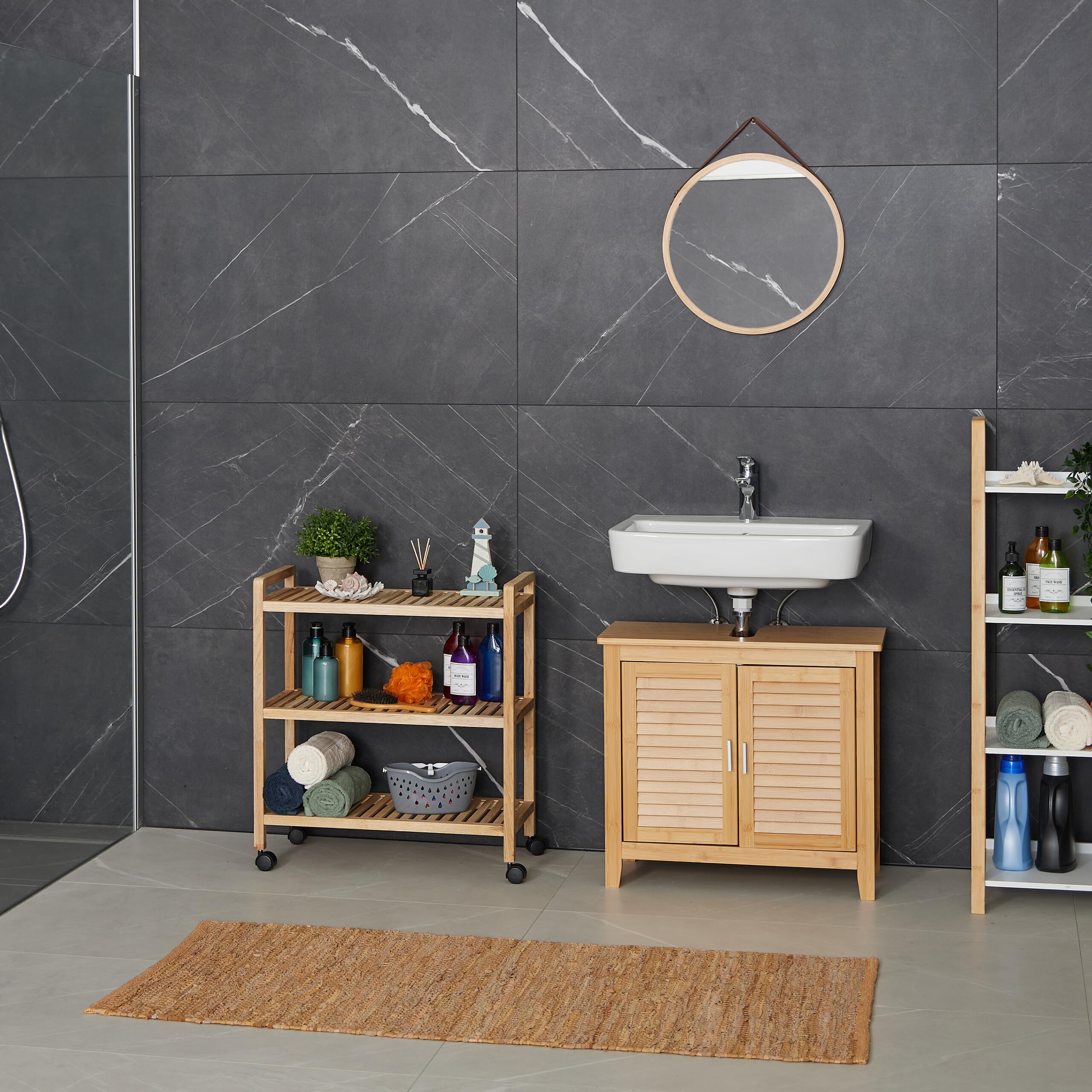 Relaxdays Mobile da Bagno con 3 Ripiani, Mobiletto su Ruote, Scaffale in Legno da Cucina, 72x65x31 cm, Marrone Chiaro