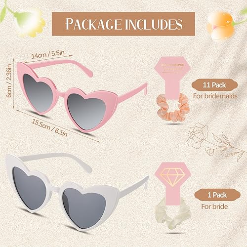 Miniatura 3 de Juego de 24 propuestas de regalo para dama de honor, 12 gafas de sol en forma de corazón, 12 coleteros de satén para el pelo para novia, boda y