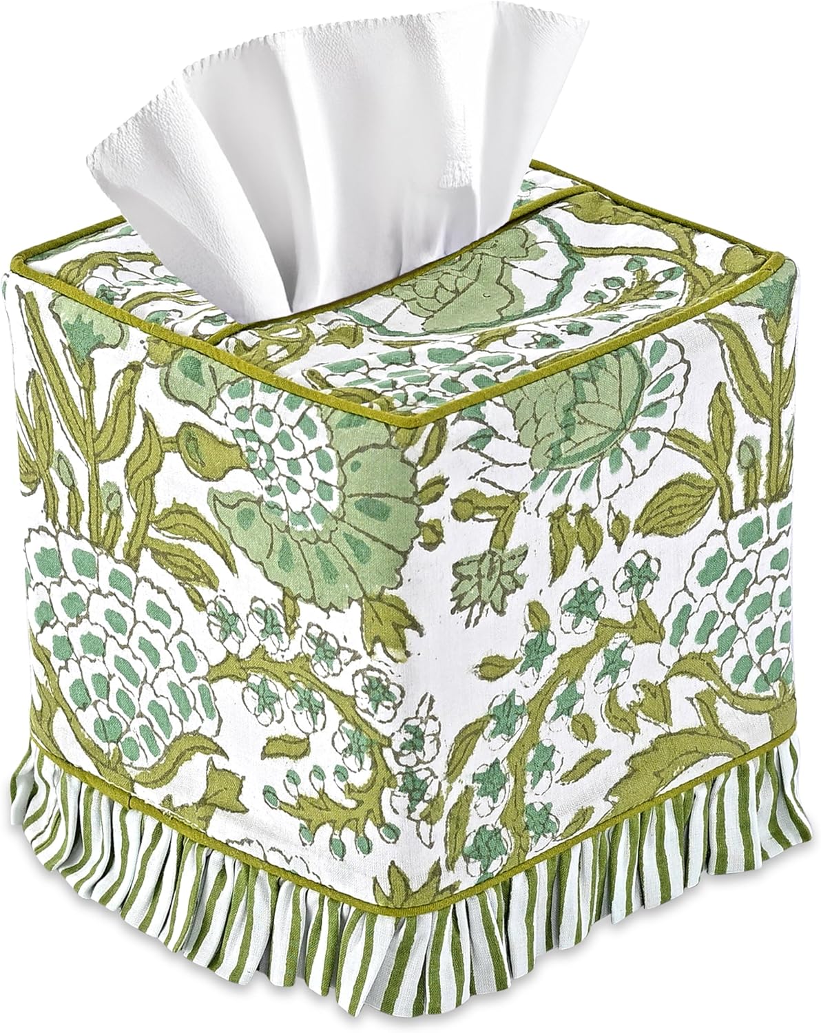 CPC Agate Green Hand Block Print Cotton Square Ruffle Tissue Box Cover