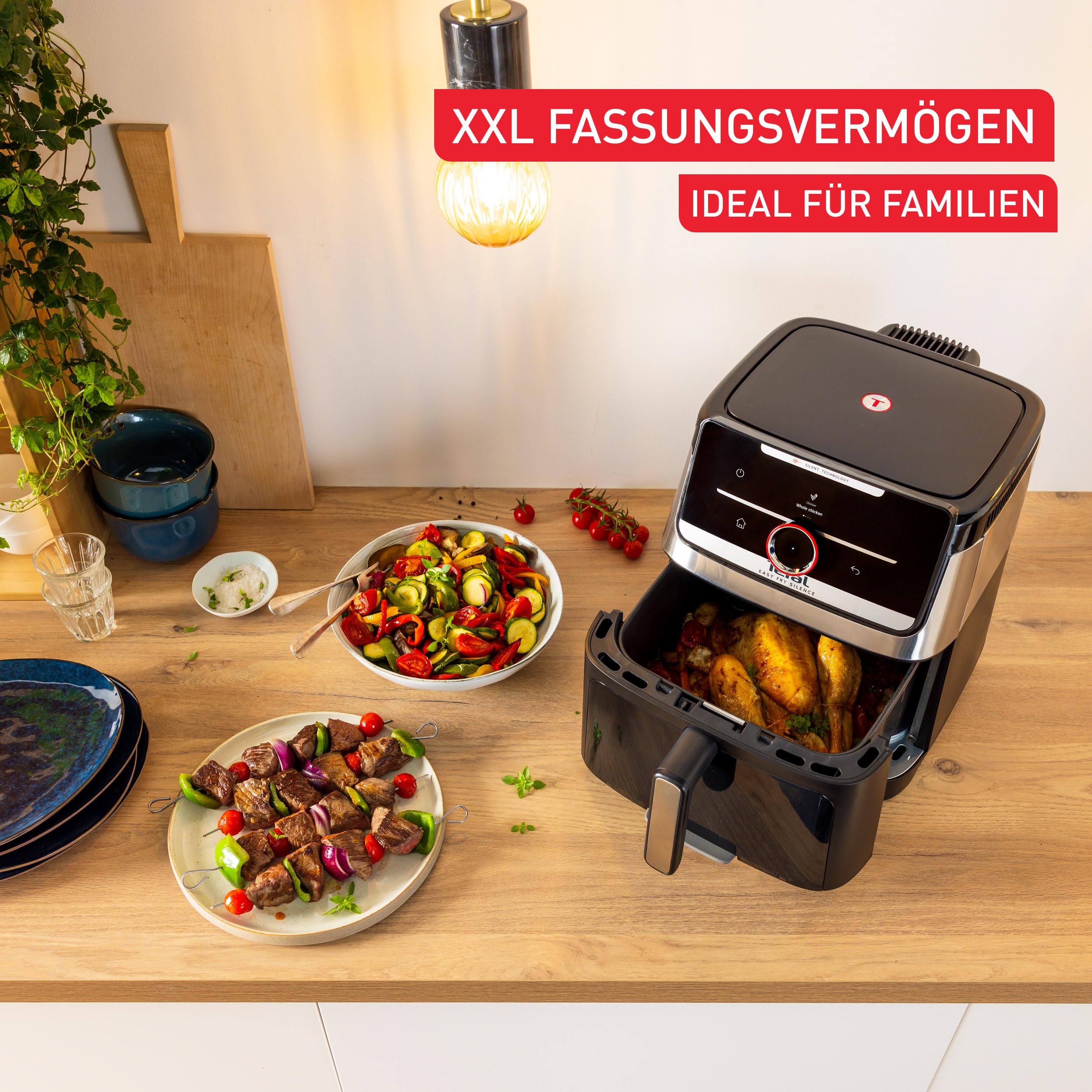 Tefal Easy Fry Silence Heißluftfritteuse, 7 L Fassungsvermögen, Silent-Technologie, Smart Assist System, bis zu 8 Portionen, abnehmbare Front mit Sichtfenster, Schwarz, EY876DE0