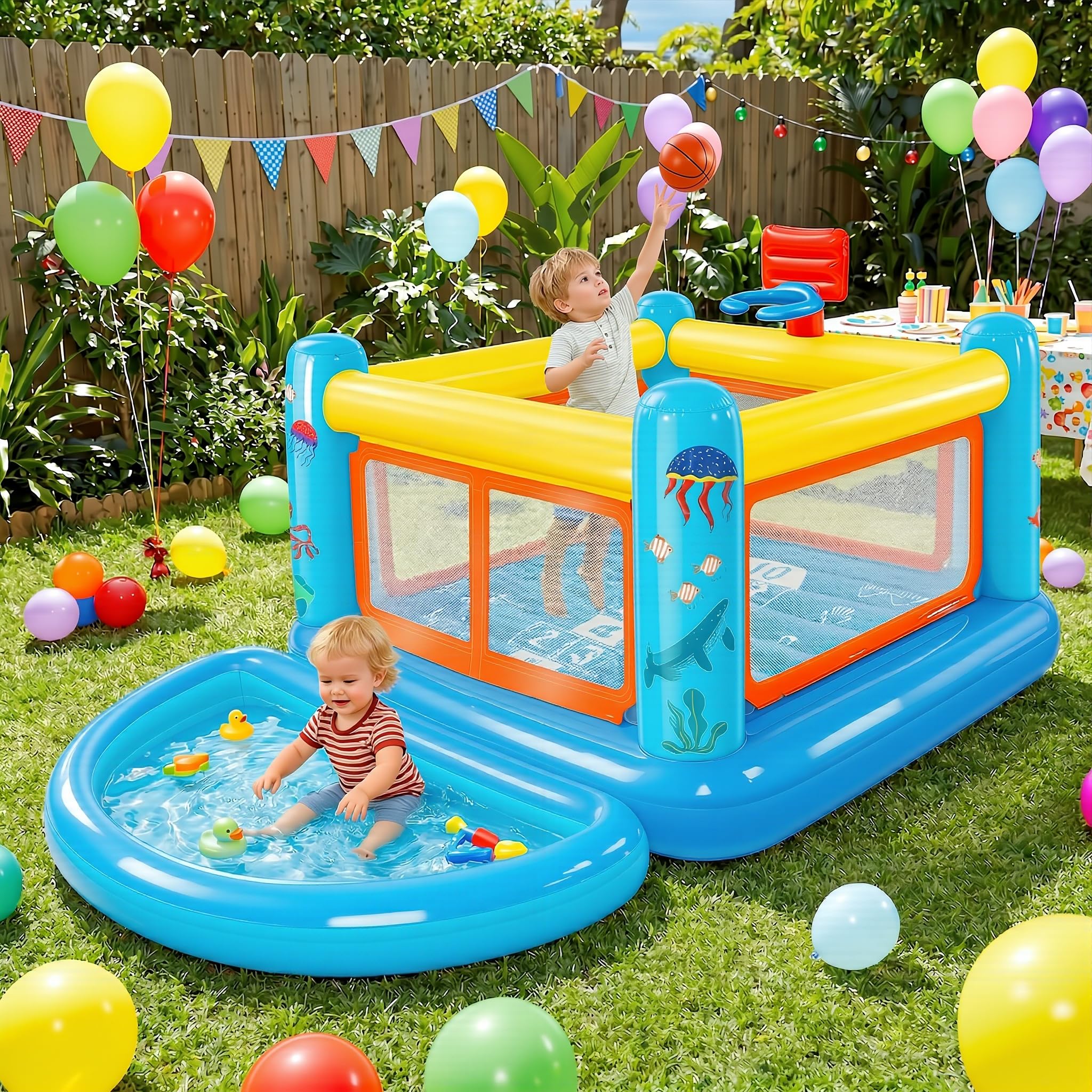 AKEYDIY Bounce House for Kids 3-6, Small Inflatable Bounce House PVC with Basketball Hoop & Hopscotch Game for Indoor/Outdoor Play (Small Bounce House