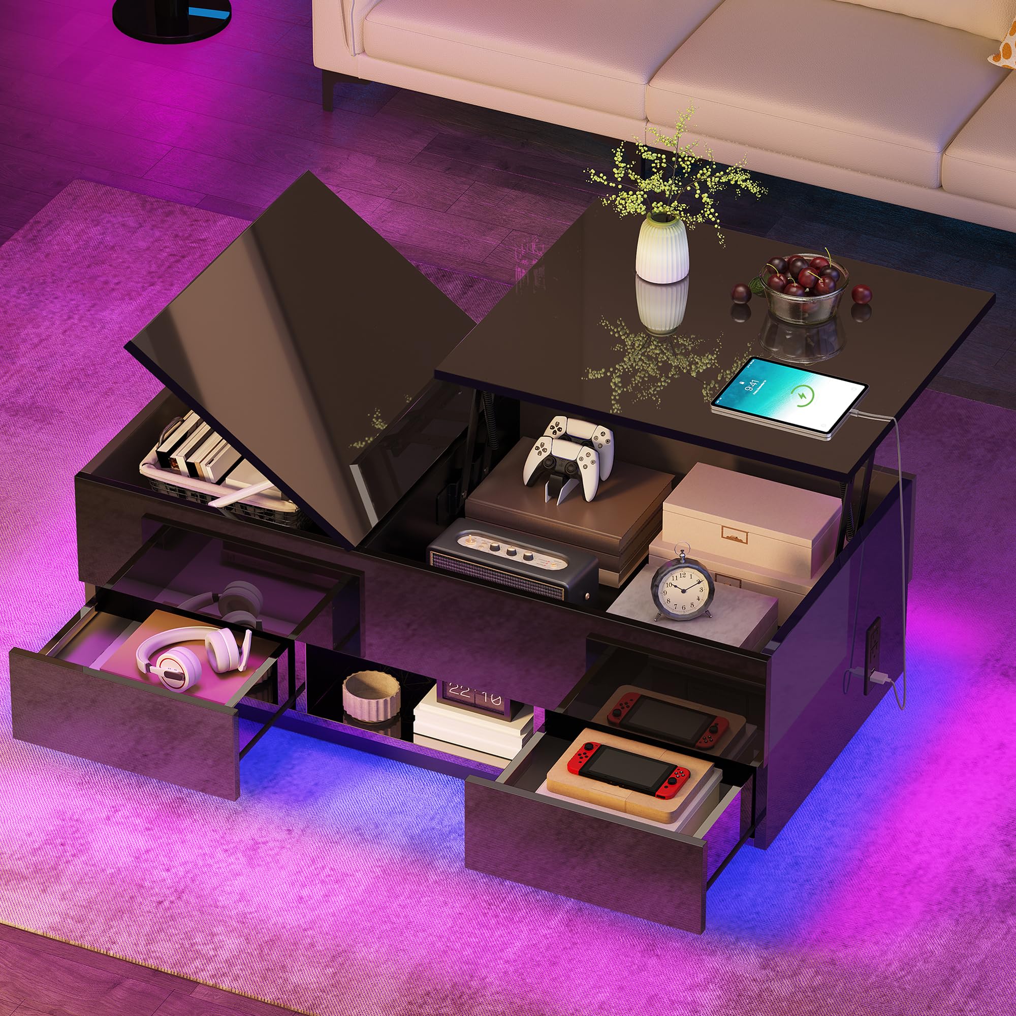 yitahome led lift top coffee tables with power outlets charging station for living room, modern coffee table with storage 2 drawers and open shelfs rectangular small coffee table decor, glossy black