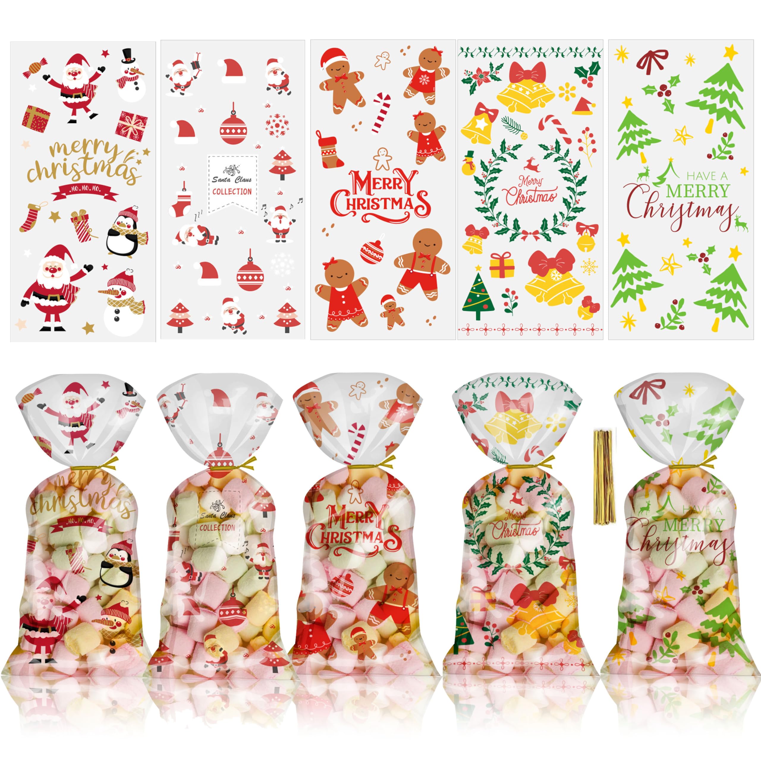 100 Sacchetti Natalizi In Cellophane Con Lacci Dorati – 5 Design: Babbo Natale, Renna, Pupazzo Di Neve, Albero, Fiocco