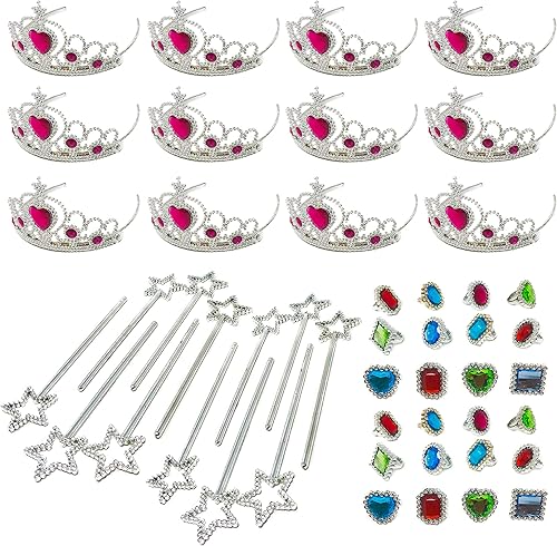 Miniatura 7 de Podzly - Juego de joyas de princesa de 48 piezas - 12 tiaras, 12 varitas, 24 anillos - Perfecto para juegos de simulación, cumpleaños y recuerdos de