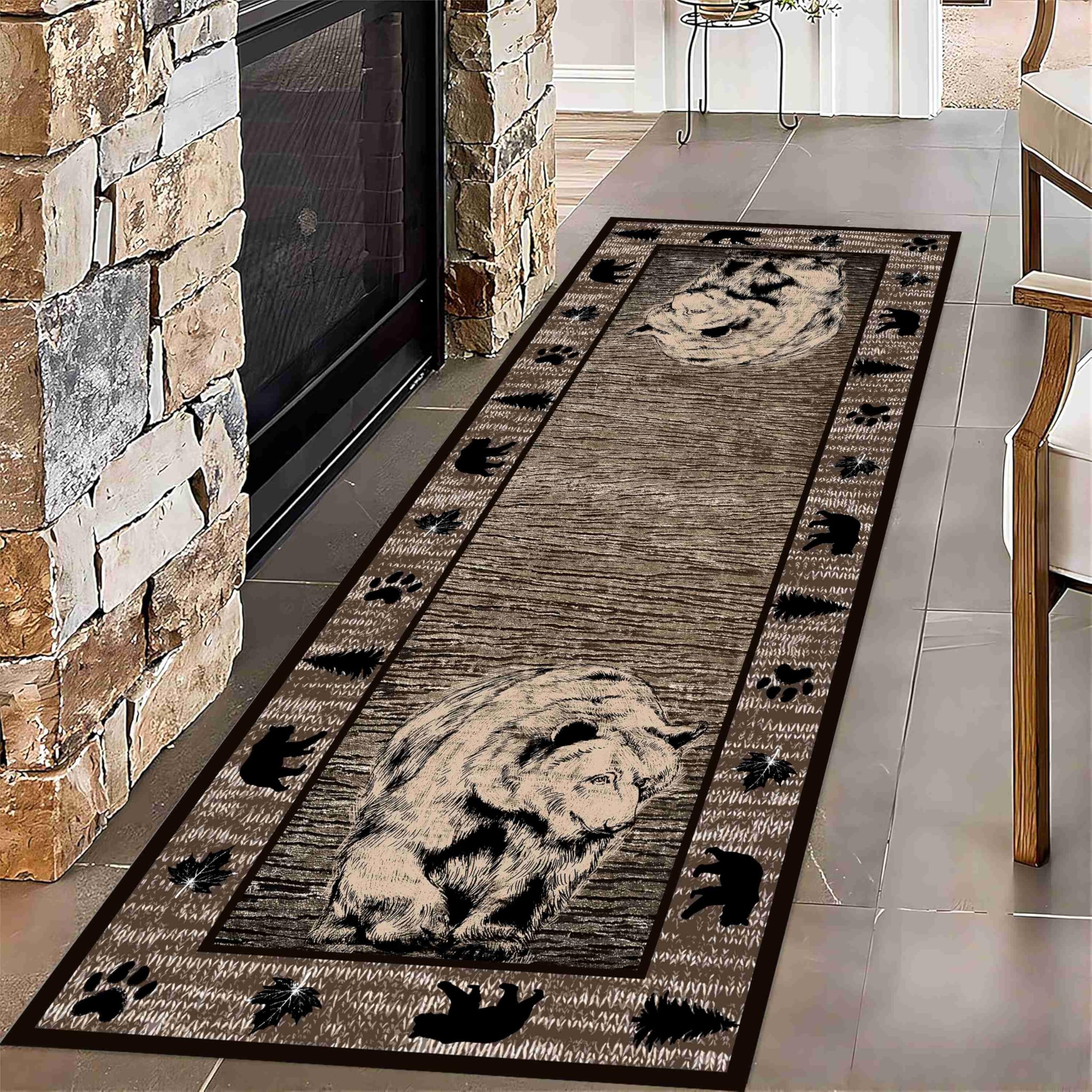 Maple Leaf Rug, 3.3x10ft Rustic Cabin Bear Bathroom Rug Country Cottage Wildlife Kitchen Mat Vintage Washable Doormat, Bedroom, Hallway, Welcoming