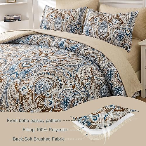 Miniatura 2 de Juego de edredón marrón King, edredón de 7 piezas de cama en una bolsa, ropa de cama con patrón de cachemira bohemio, ropa de cama de microfibra