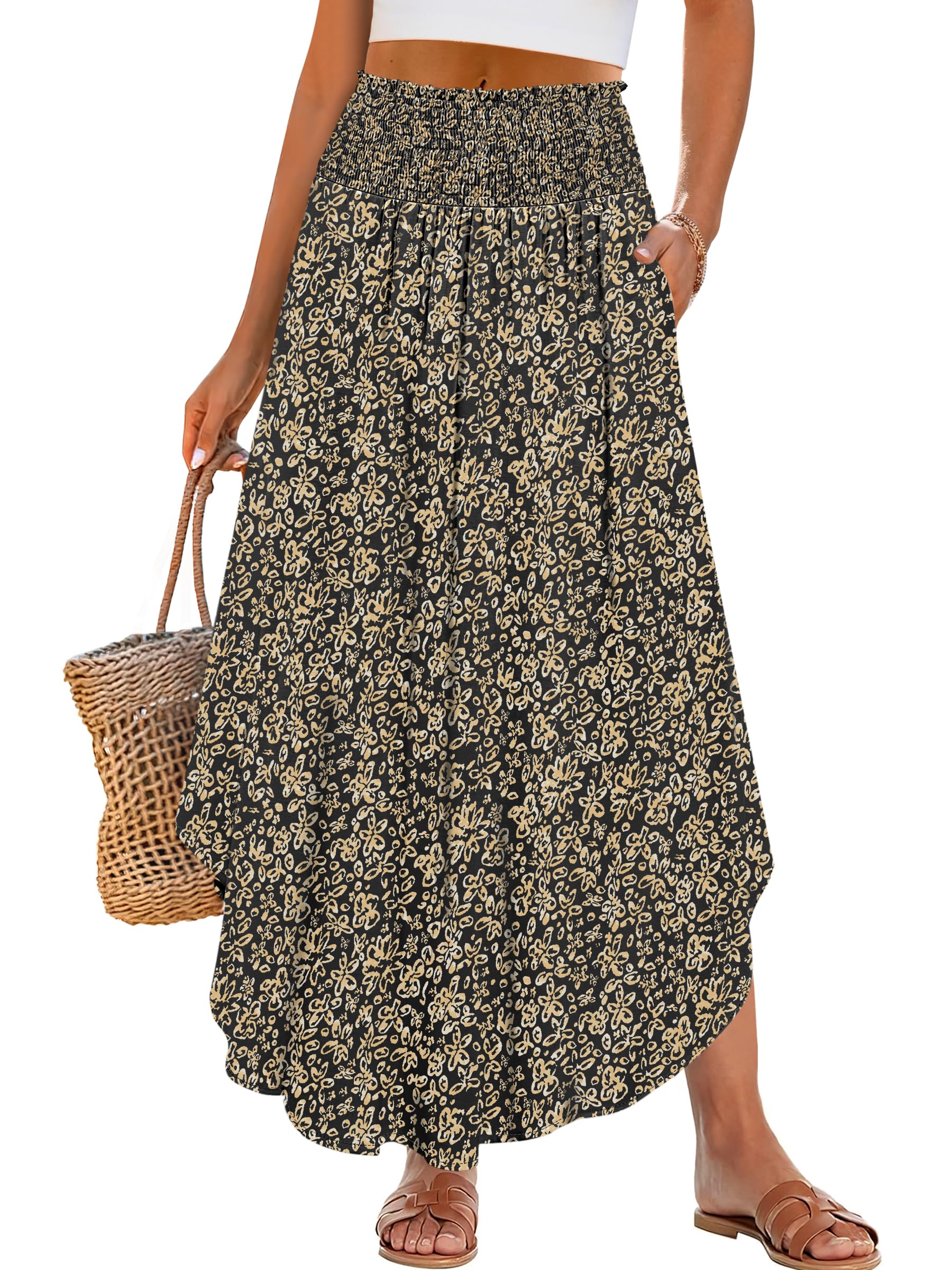 ANRABESS Women's Maxi Skirts Summer Boho Floral High Waisted Flowy Swing Pleated Beach Long Skirt with Pockets