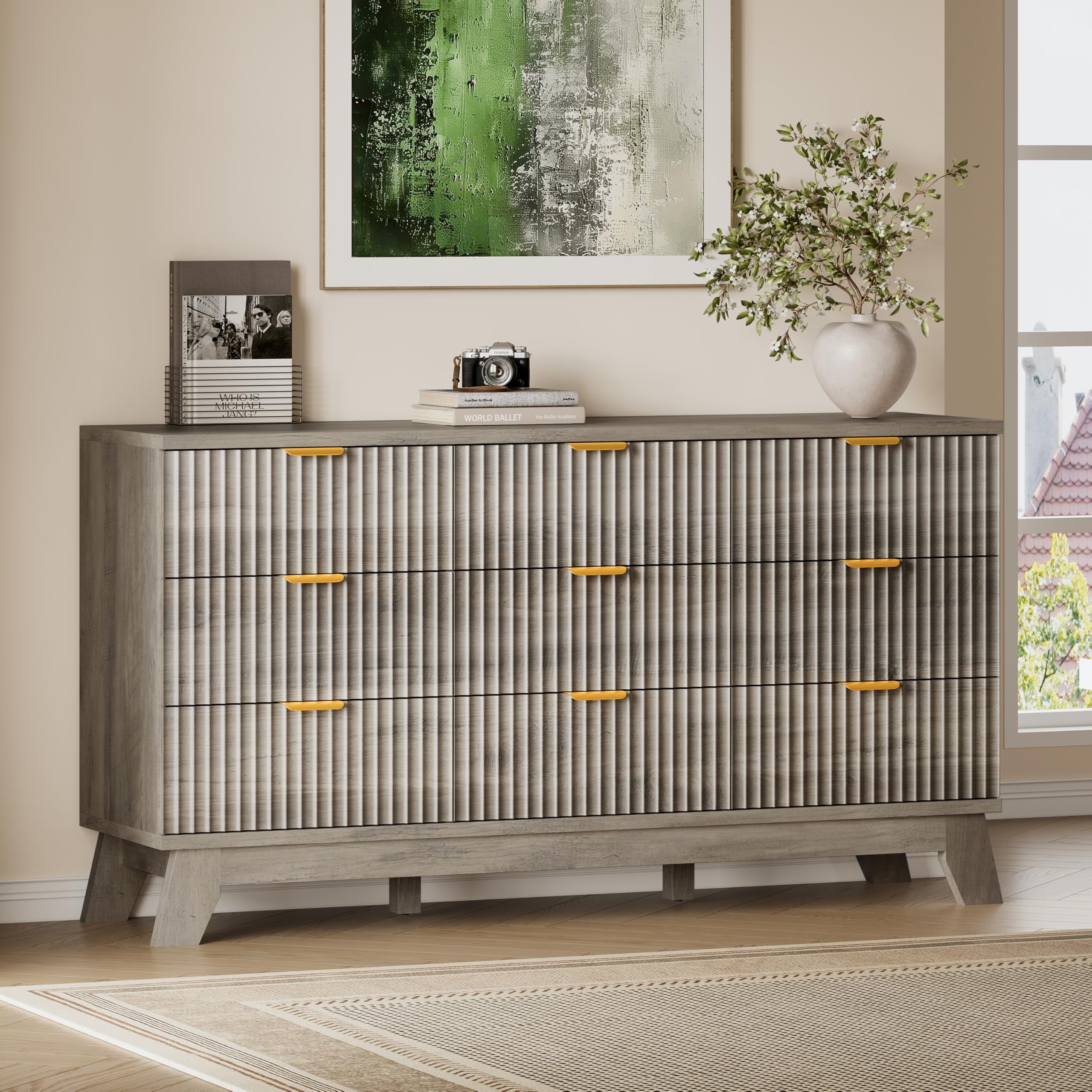 BORNOON Fluted 9 Drawer Dresser, 57.1" Wide Modern Boho Chest of Drawers, Wooden Storage Dresser TV Stand for Bedroom, Living Room, Closet, Hallway, Curved Profile Design
