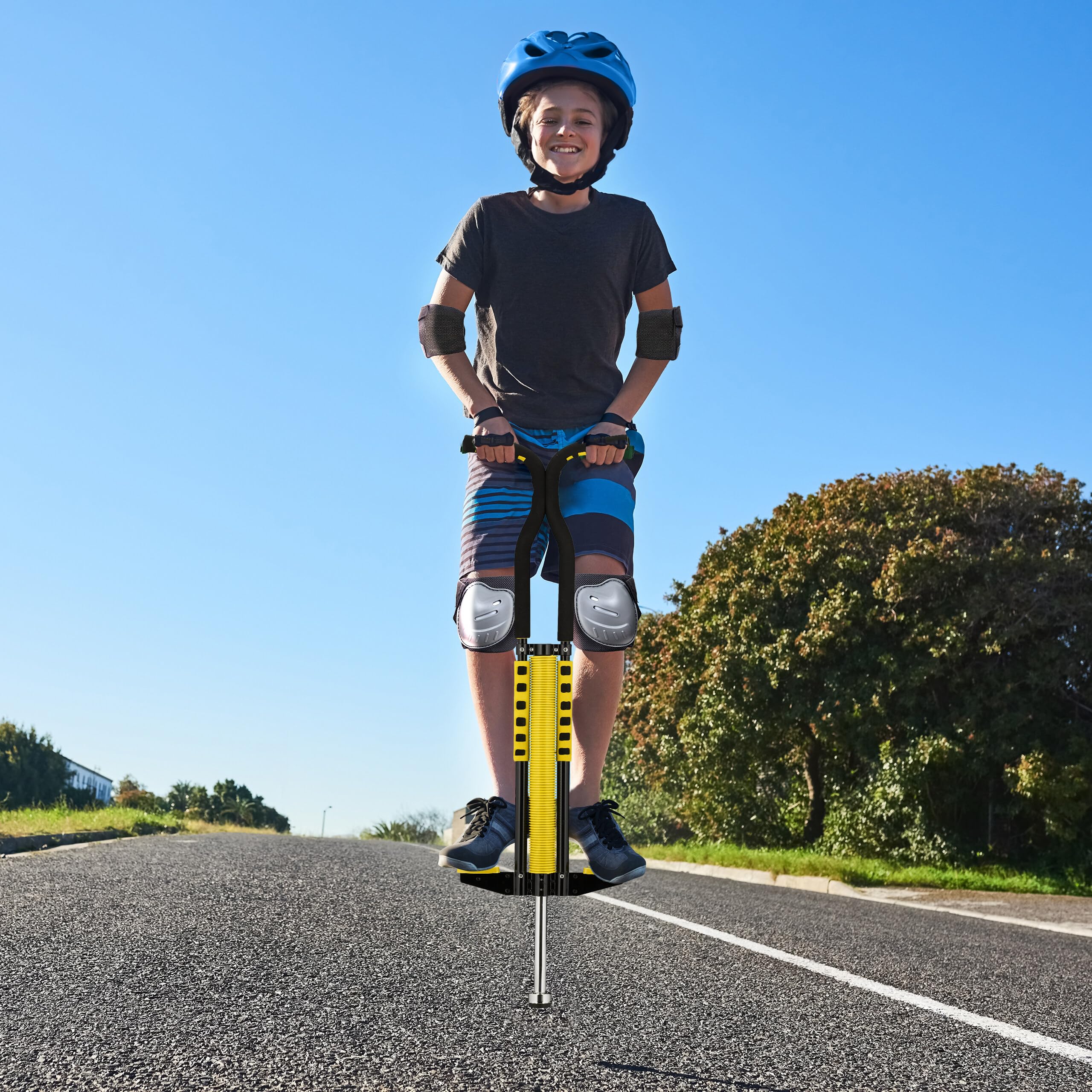 Relaxdays Kij pogo, dla dzieci, skakanka do 60 kg, wyściełana, do użytku na zewnątrz, antypoślizgowa, stal nierdzewna, żółta