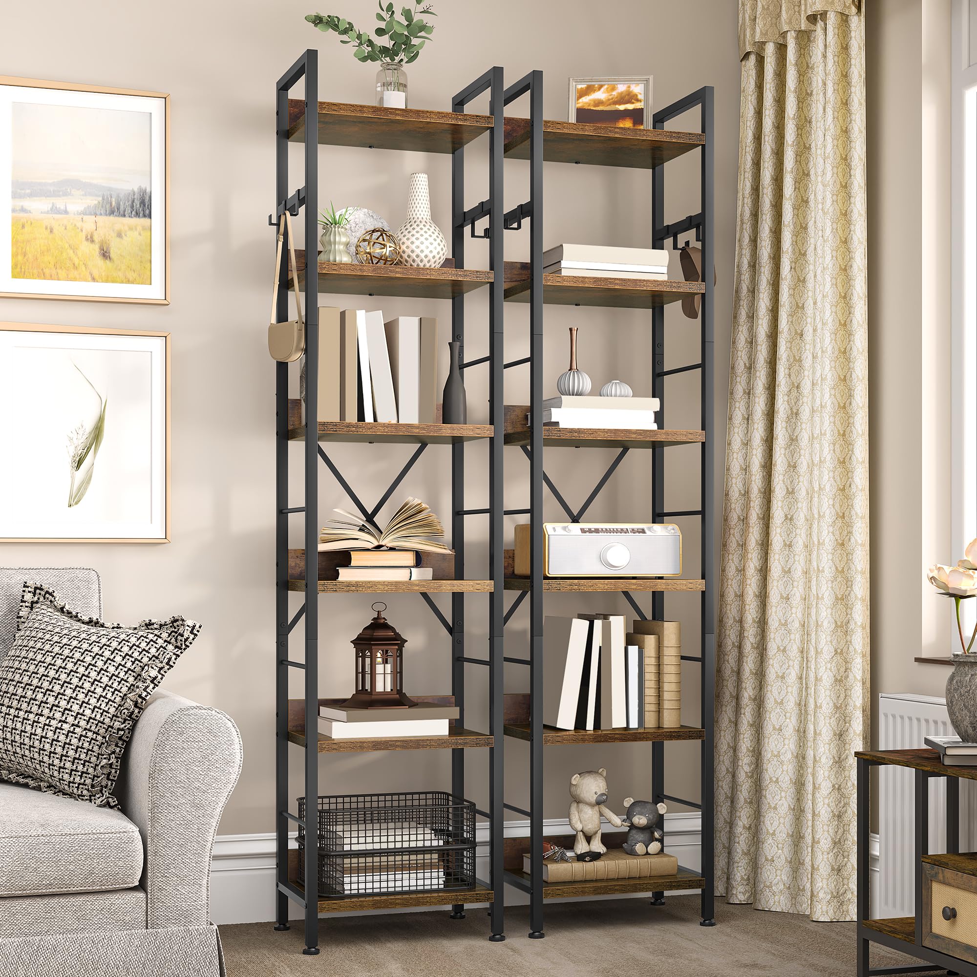 YITAHOME Libreria a 6 Ripiani, Scaffale da Pavimento con 4 Ganci, Ripiano in Legno e Struttura in Metallo Scaffale per Libri Industriale Scaffale Alto per Soggiorno, Ufficio in Casa, Marrone Rustico