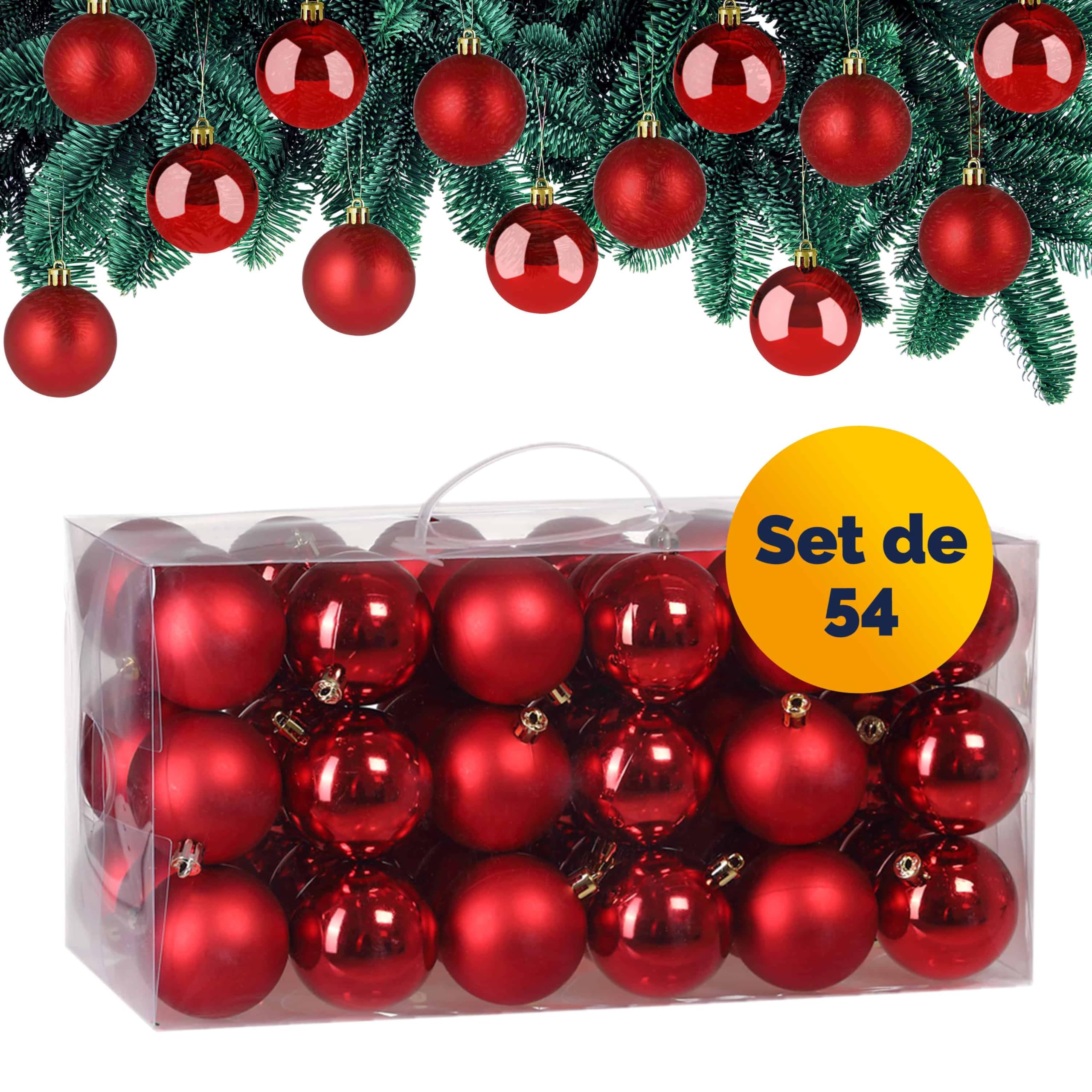 Deuba Lot de 54 Boules de Noël en Plastique Robuste Décoration de Noël intérieur extérieur Décoration pour Sapin Rouge