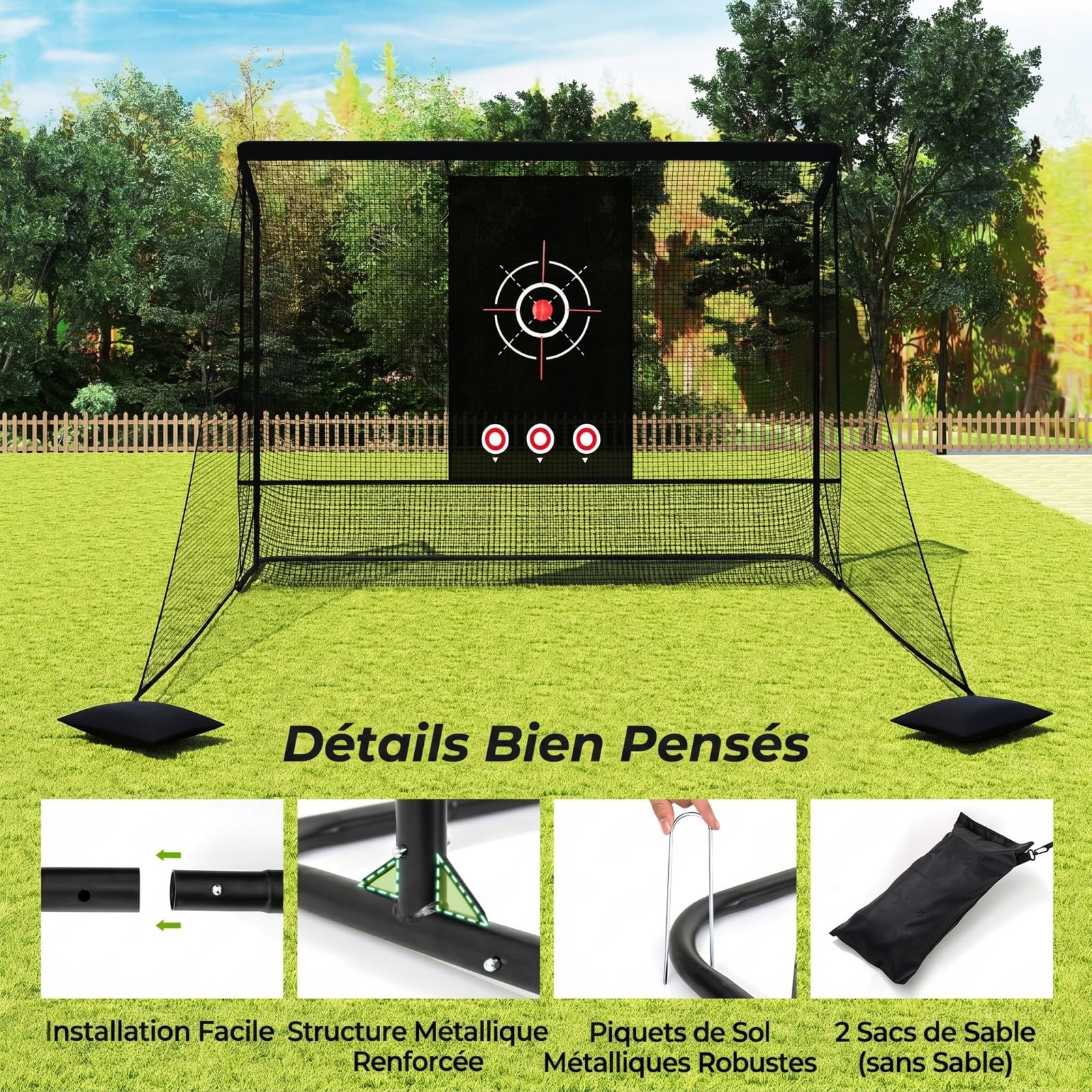 COSTWAY Filet d'Entraînement de Golf avec Cible, Filet de Frappe Golf Portable avec Barrières Latérales Amovibles, Sacs de Sable, Sac de Transport pour Intérieur et Extérieur