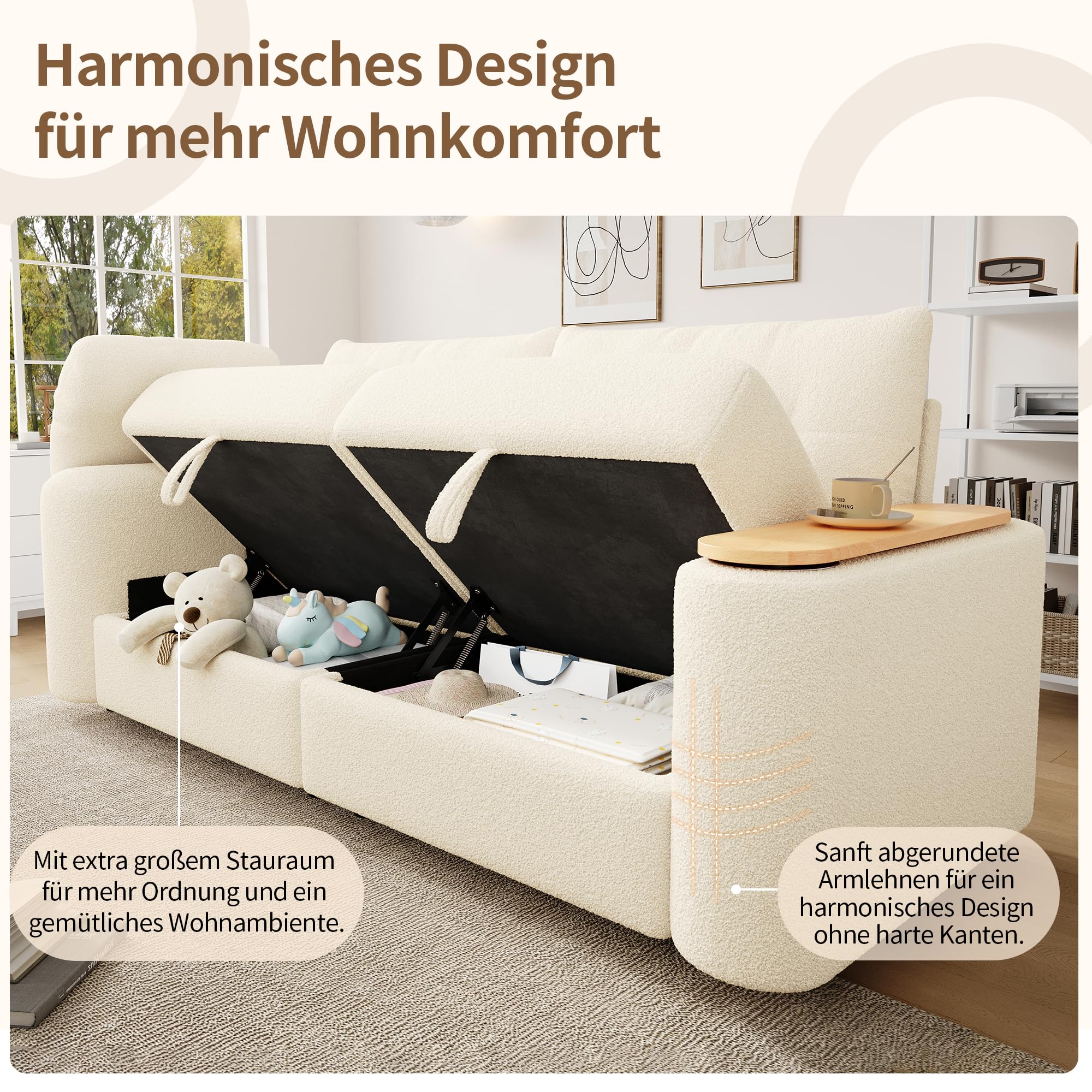 Teddyplüsch Sofa 3-Sitzer klein modular mit Stauraum, Kopfstütze & integriertem Beistelltisch – platzsparende Schlafcouch für Apartment, Wohnzimmer & Gästezimmer (Beige)