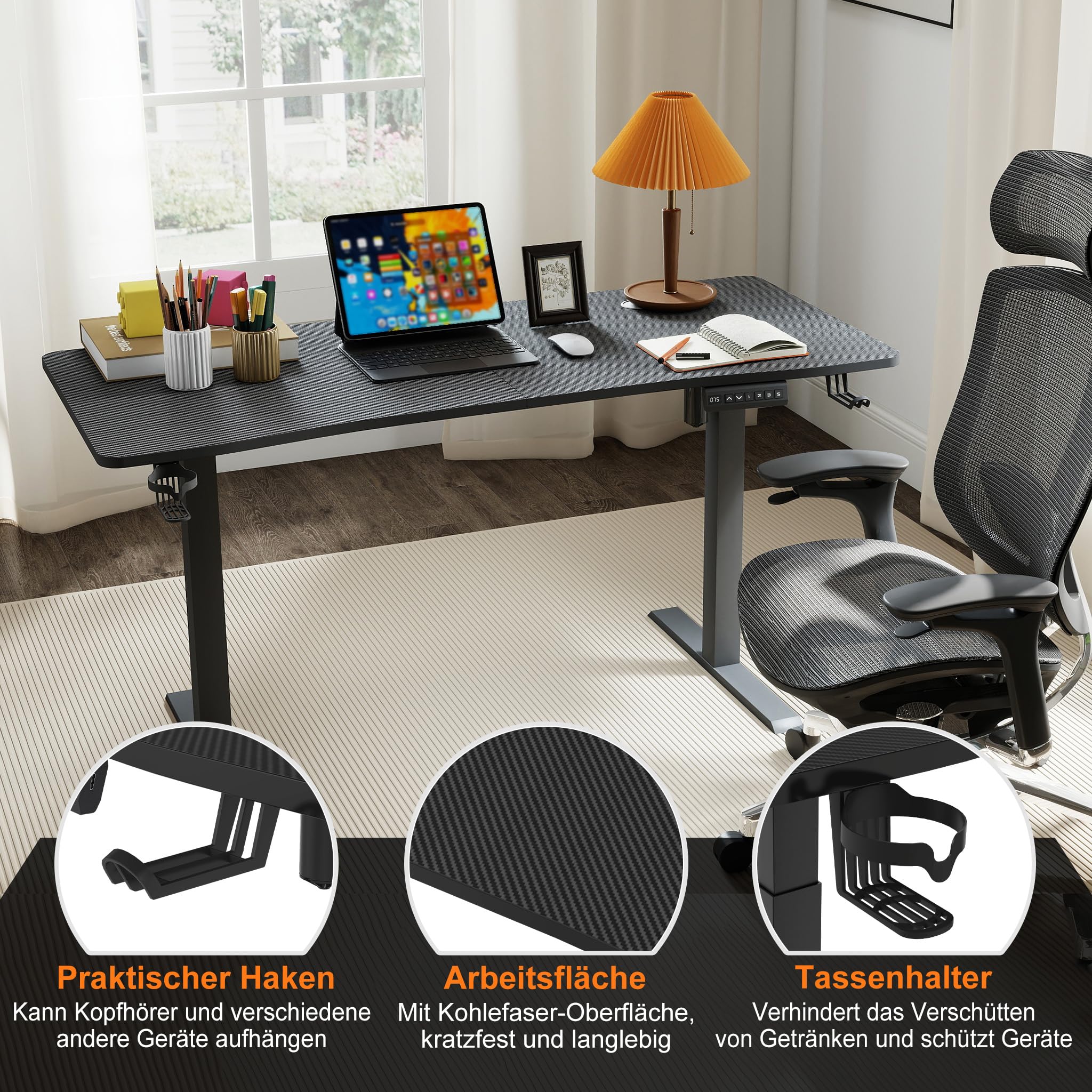 Froadp Höhenverstellbarer Schreibtisch 160x60cm Elektrischer Computertisch mit Memory-Funktion und Type C Ladeanschluss Verstellbarer Tisch Büro- und Gaming-Schreibtisch Schwarz, Tragkraft 80kg