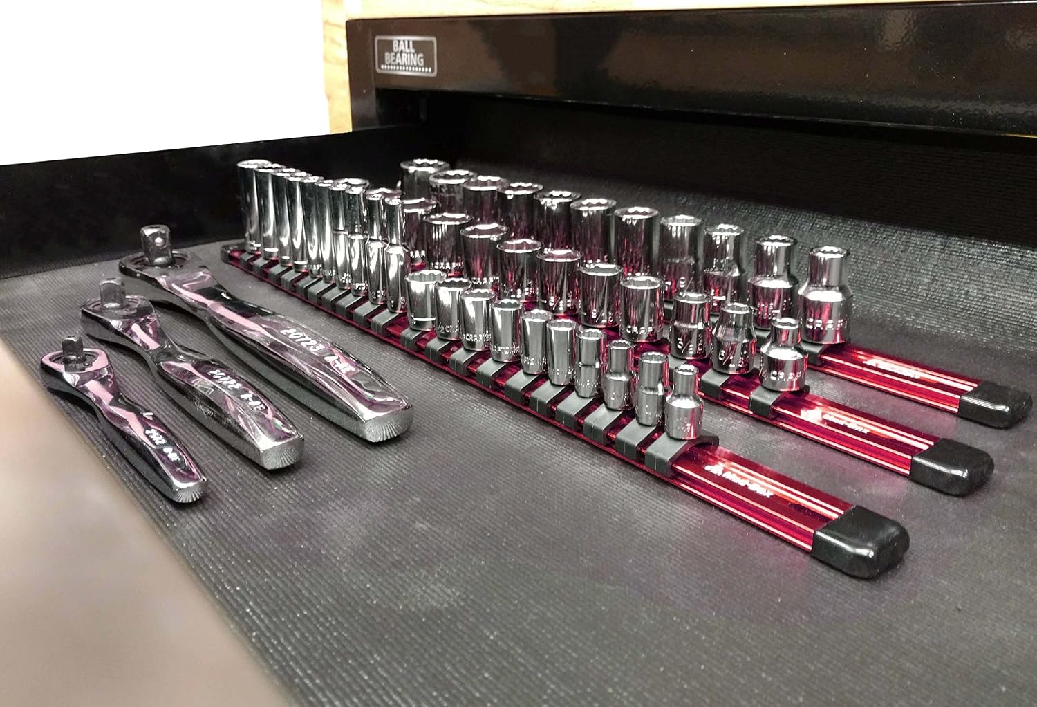 Socket Organizer | 1/2, 3/8, 1/4 Inch Drive | 18, 20, and 24 Clips | Professional Grade Heavy Duty 17 Inch Anodized Aluminum Build | Max Amount of Clips Included | By Mod-Box (3 Pack, Red)