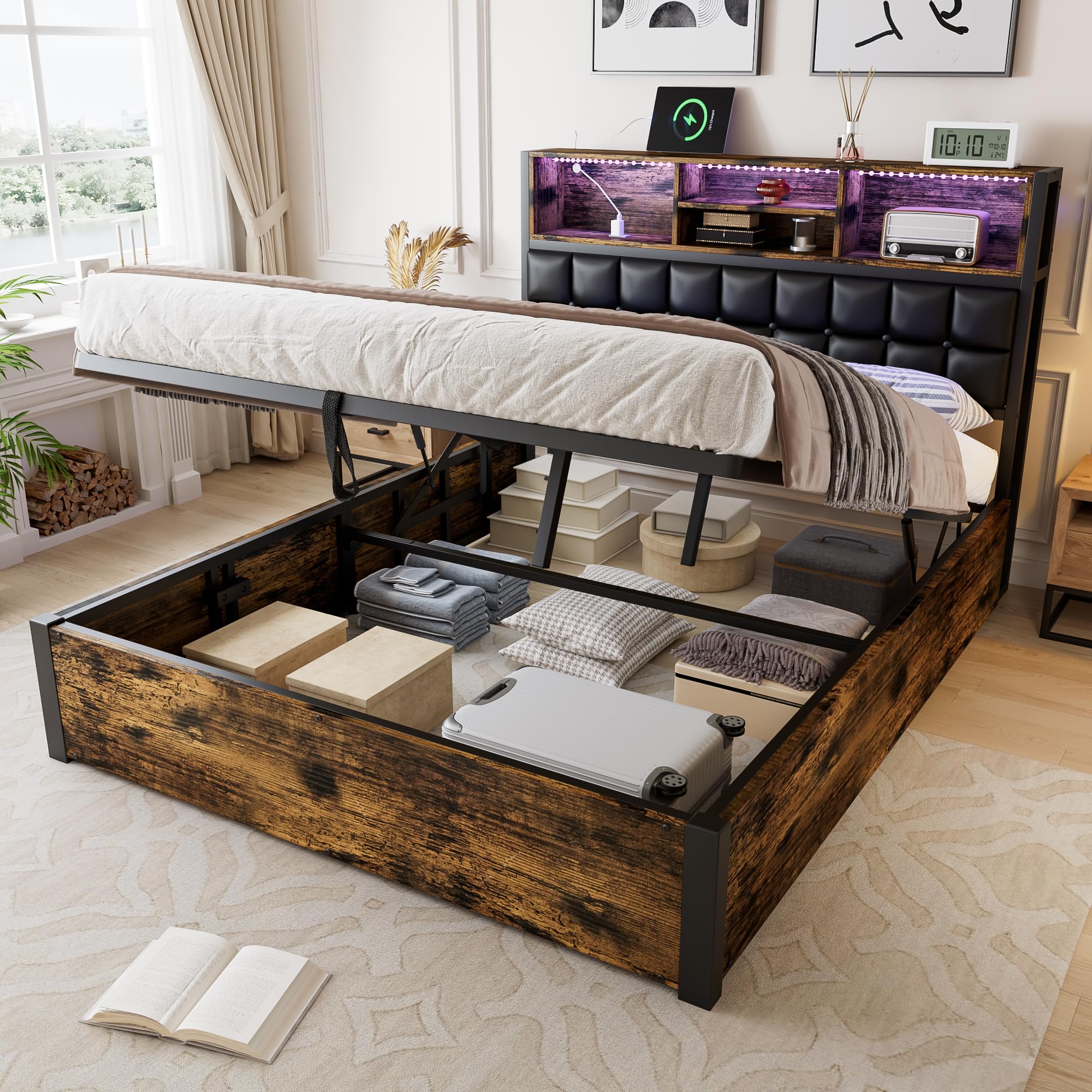 Merax 4ft6 Hydraulic Metal Bed Frame 135x190cm LED Double Bed Lift-Up Storage Platform Bed,Charging Port & LED Light,Soft PU Backrest, Iron + MDF Frame, Black & Wood Finish (NO Mattress)
