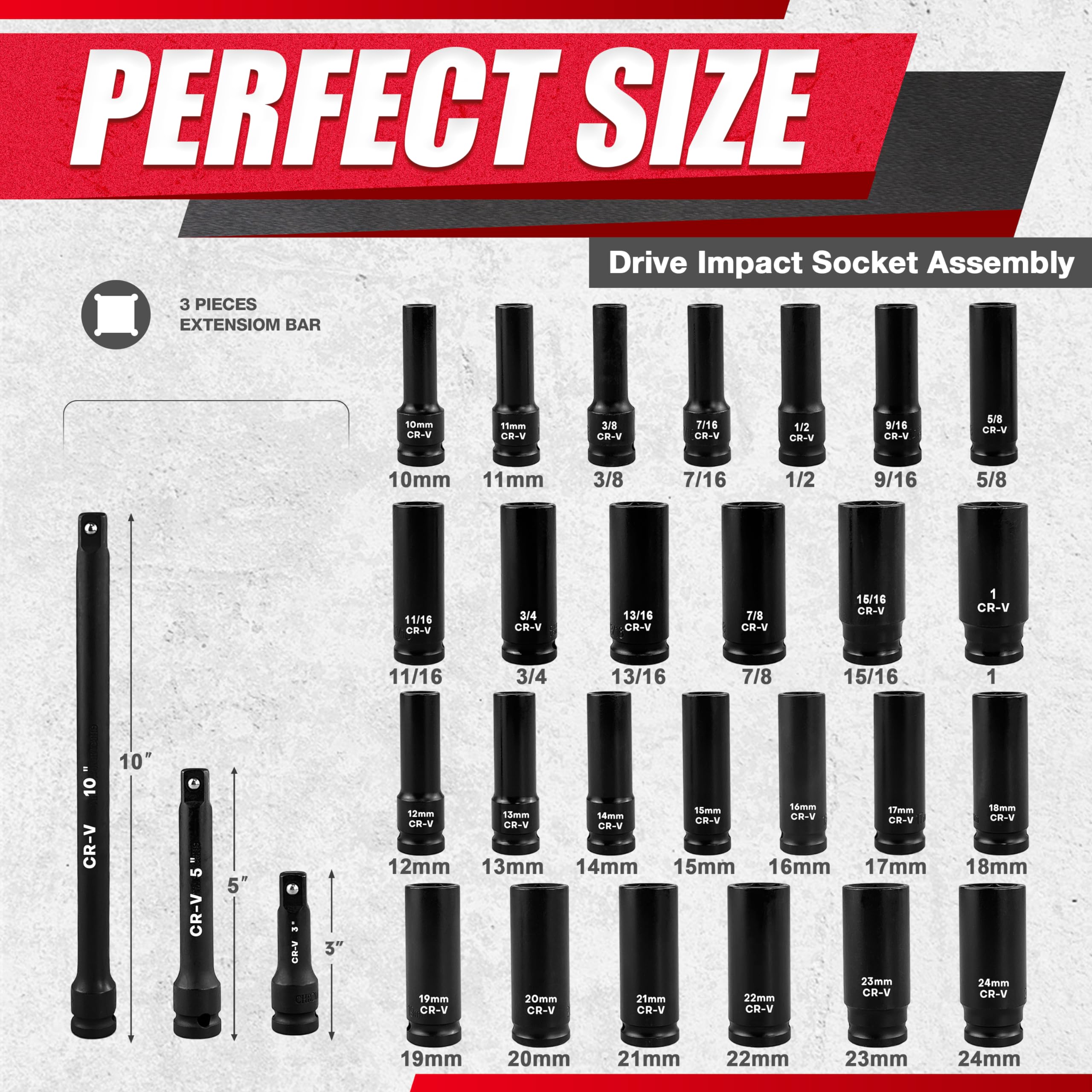 EACELIY Juego de 29 llaves de vaso de impacto profundo de 1/2 pulgada, incluye barra de extensión de impacto de 3, 5 y 10 pulgadas, estándar SAE (3/8 a 1 pulgada) y métrico (10 mm-24 mm), acero Cr-V