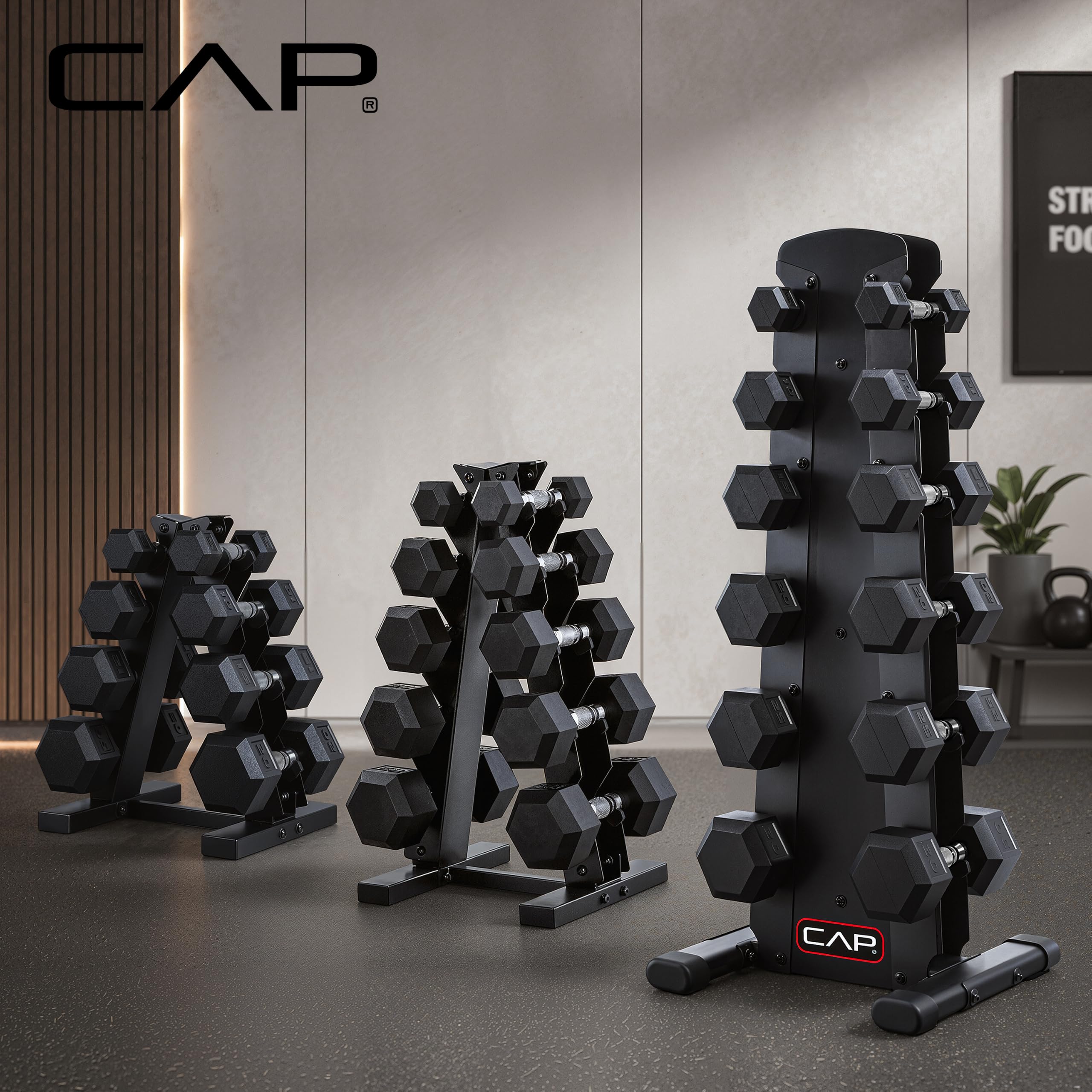 Rubber Coated Hex Dumbbell Set with Storage Rack | 100–210 lb Options, Space-Saving Vertical Compact Storage for Home Gym Strength Training