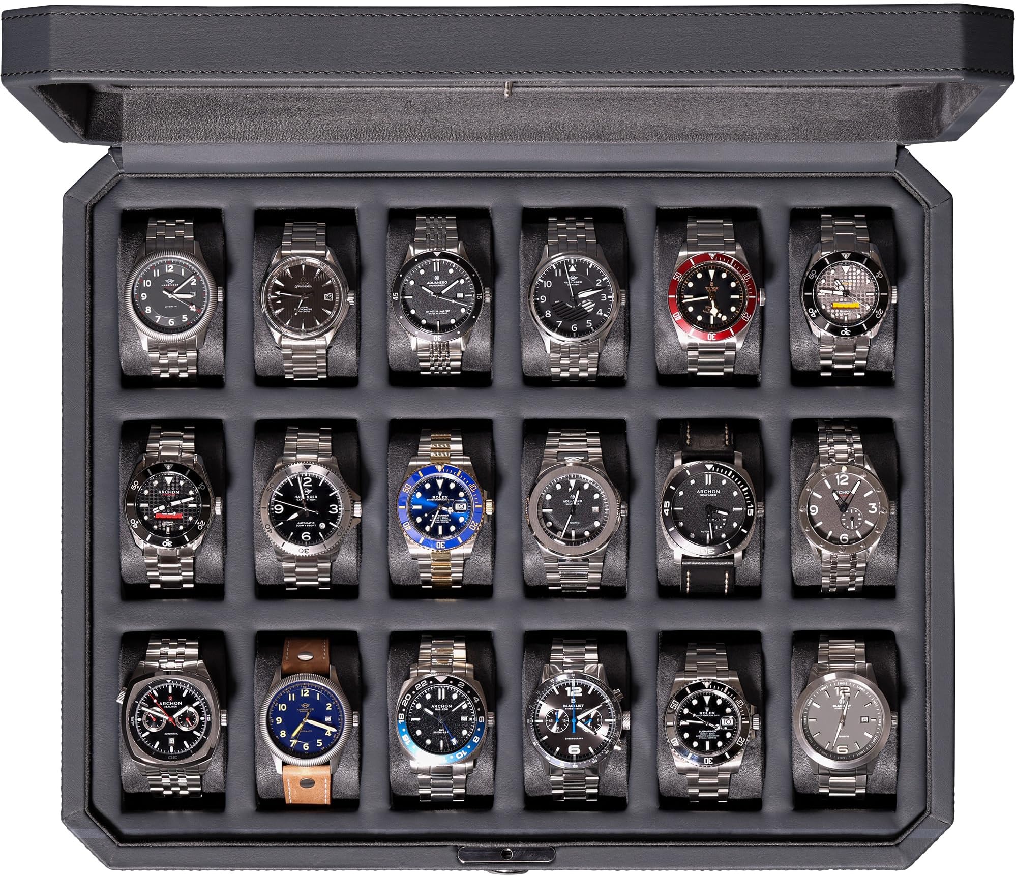 ROTHWELL 18-Slot Watch Case – Luxury Watch Box for Men, Real Glass Top, Lockable, Elegant Display for Collections (Carbon)