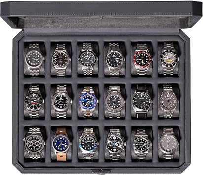 ROTHWELL 18-Slot Watch Case Luxury Watch Box for Men, Real Glass Top, Lockable, Elegant Display for Collections Carbon
