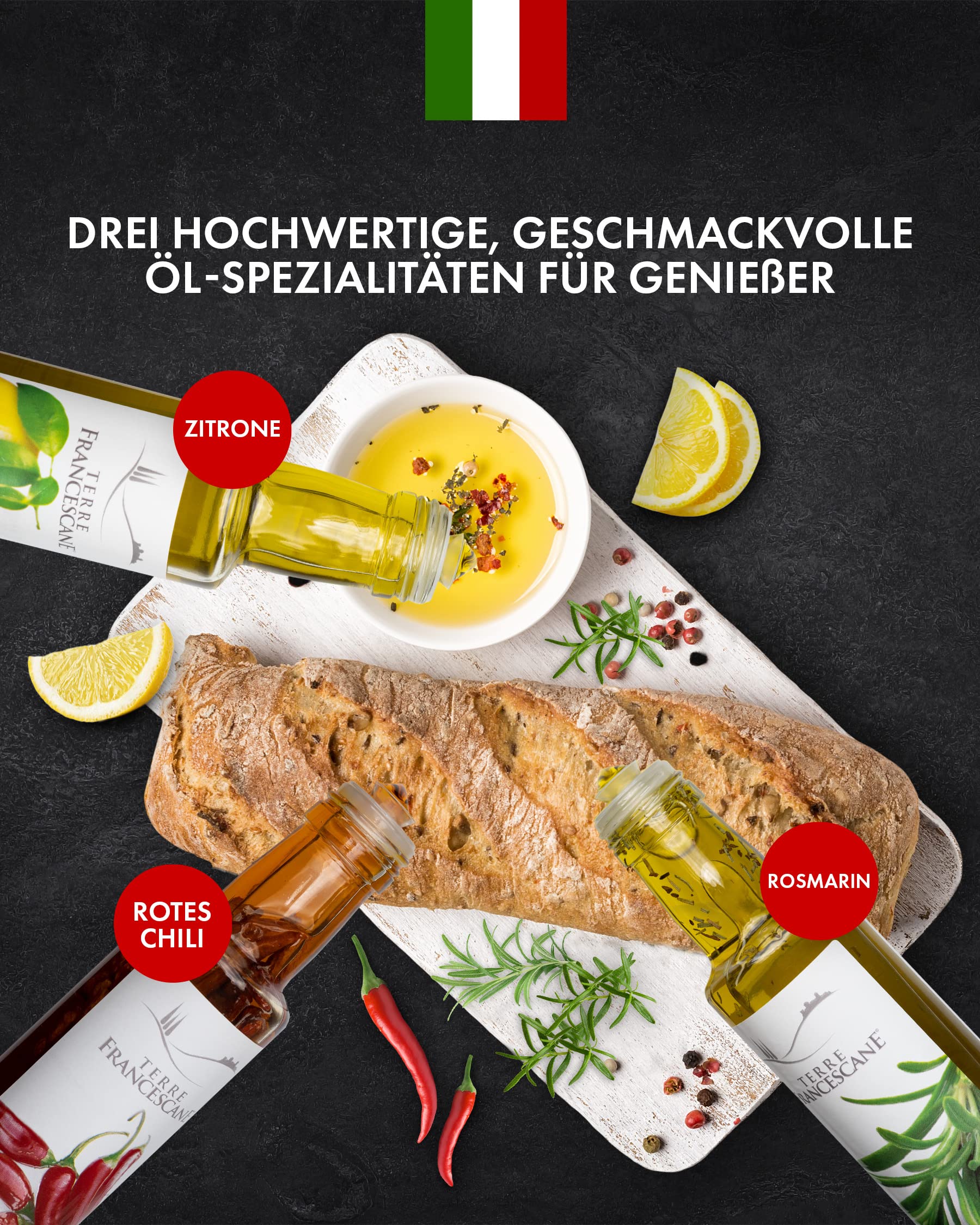 Apropos Geschenk - Extra Natives Olivenöl Dressing - 3er-Probier-Paket - Olivenöl verfeinert mit Zitrone, Rosmarin und Chili