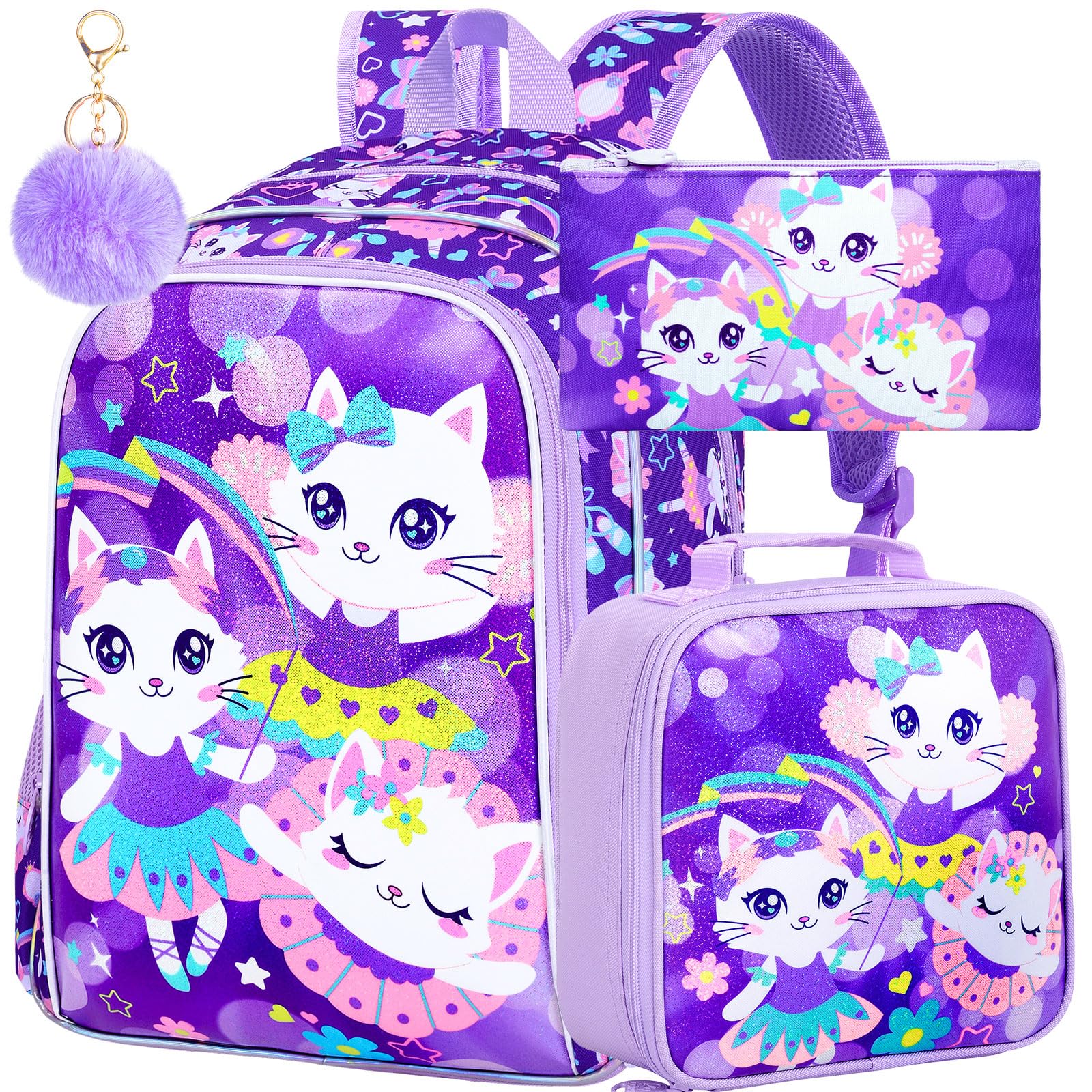KLFVB 3PCS Girls Cat Backpack, Water Resistant Kids Bookbag with Lunch Box, 16" Preschool Backpacks for Elementary - Purple Cat
